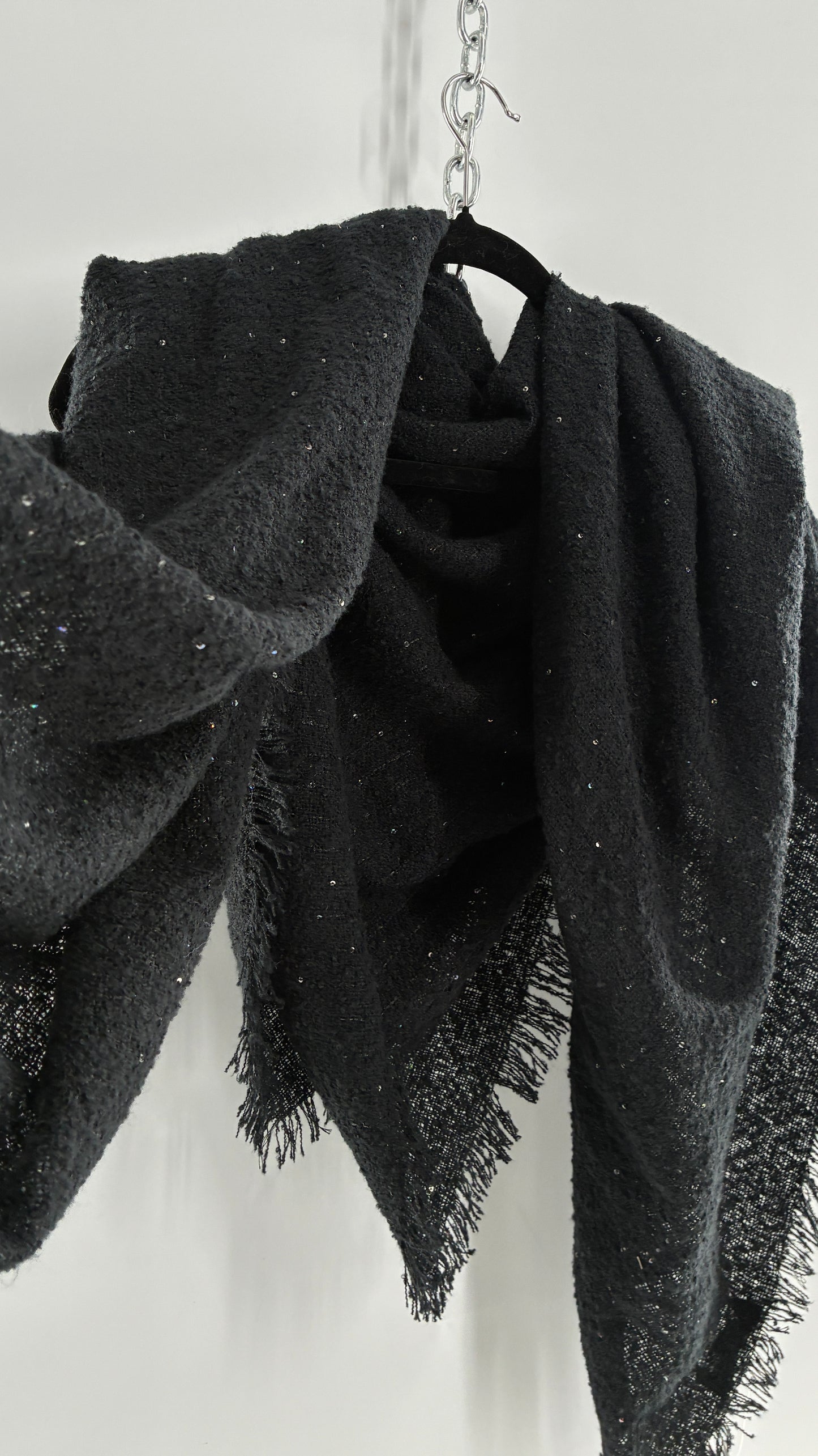 Vintage Marcus Adler Black Fringed Scarf with Iridescent Sequins and Tags