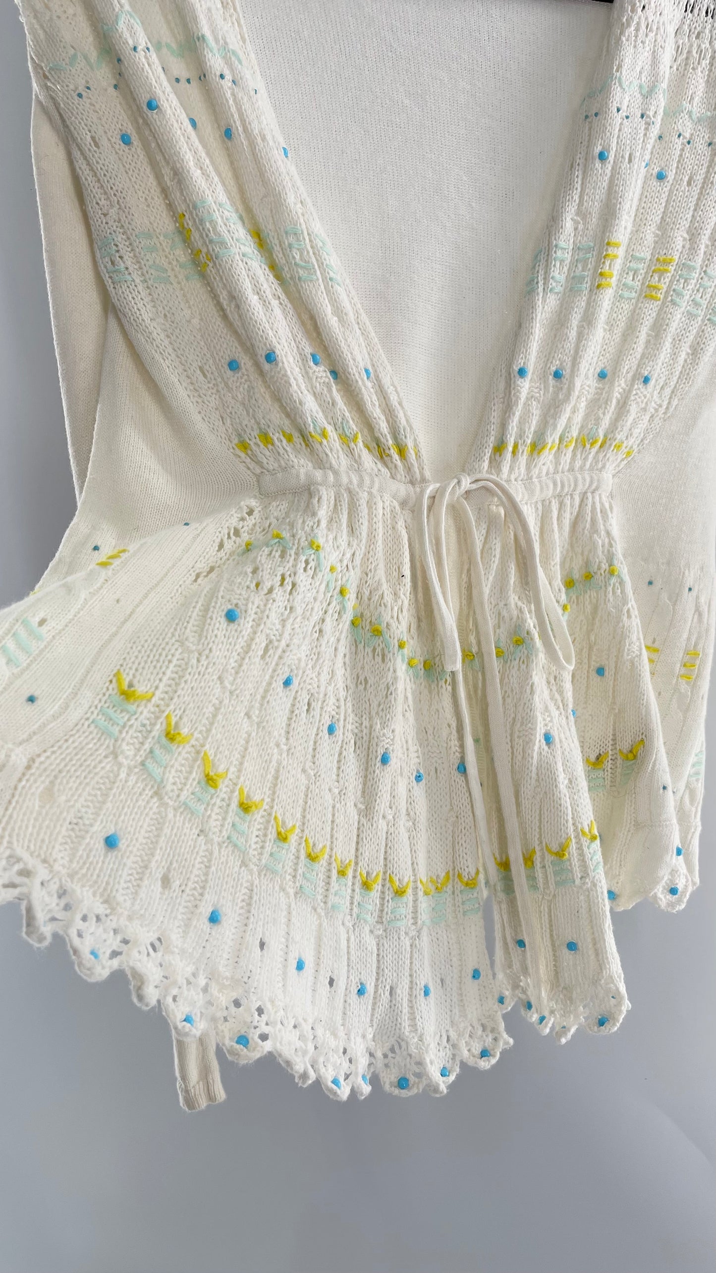 MOTH Anthropologie Beige Knit Tie Bust Sweater with Embroidered Daisies and Delicate Beading (Small)