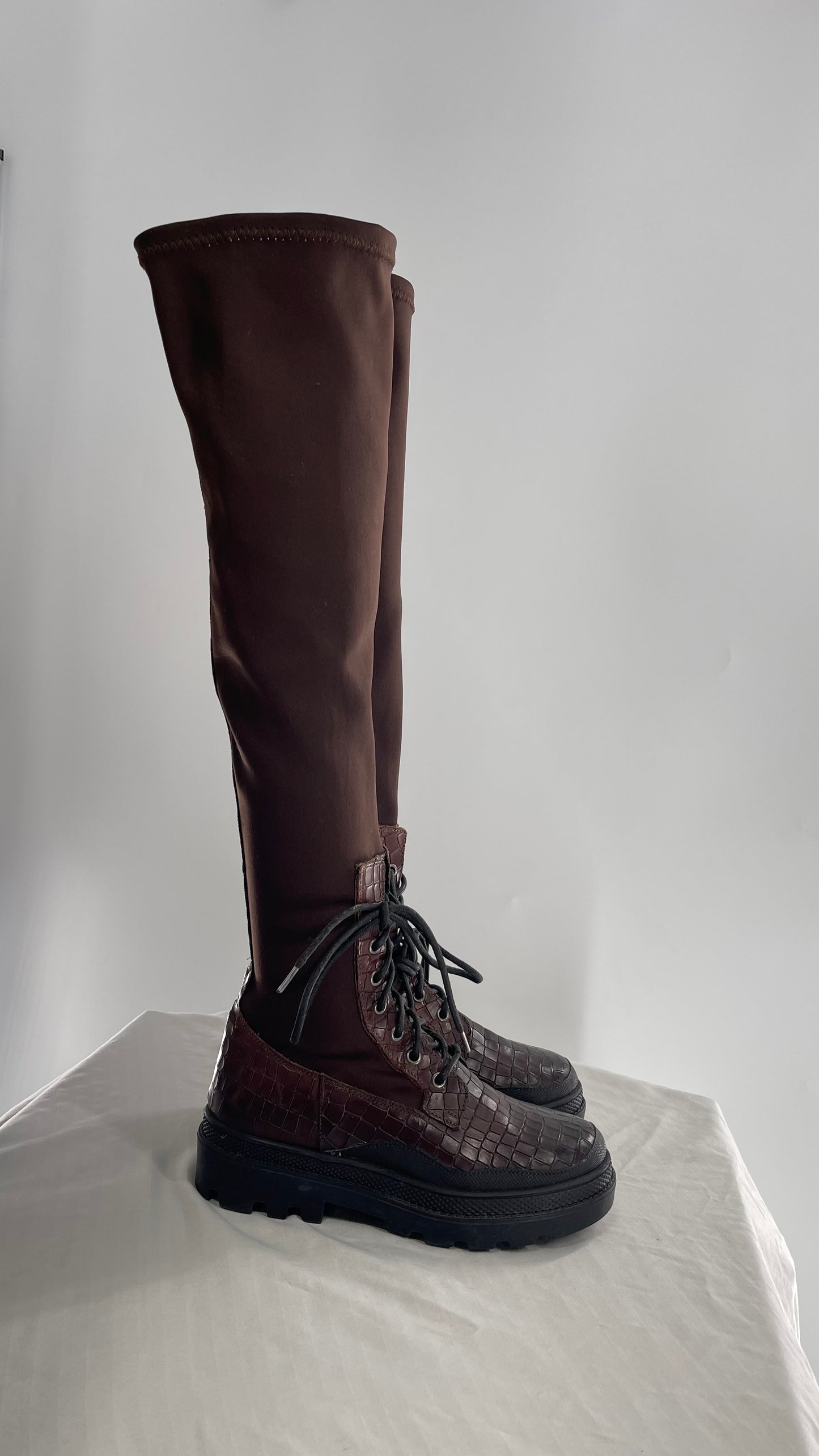 Free People Dark Brown Riding Style Embossed Knee High Platform Boots (37)