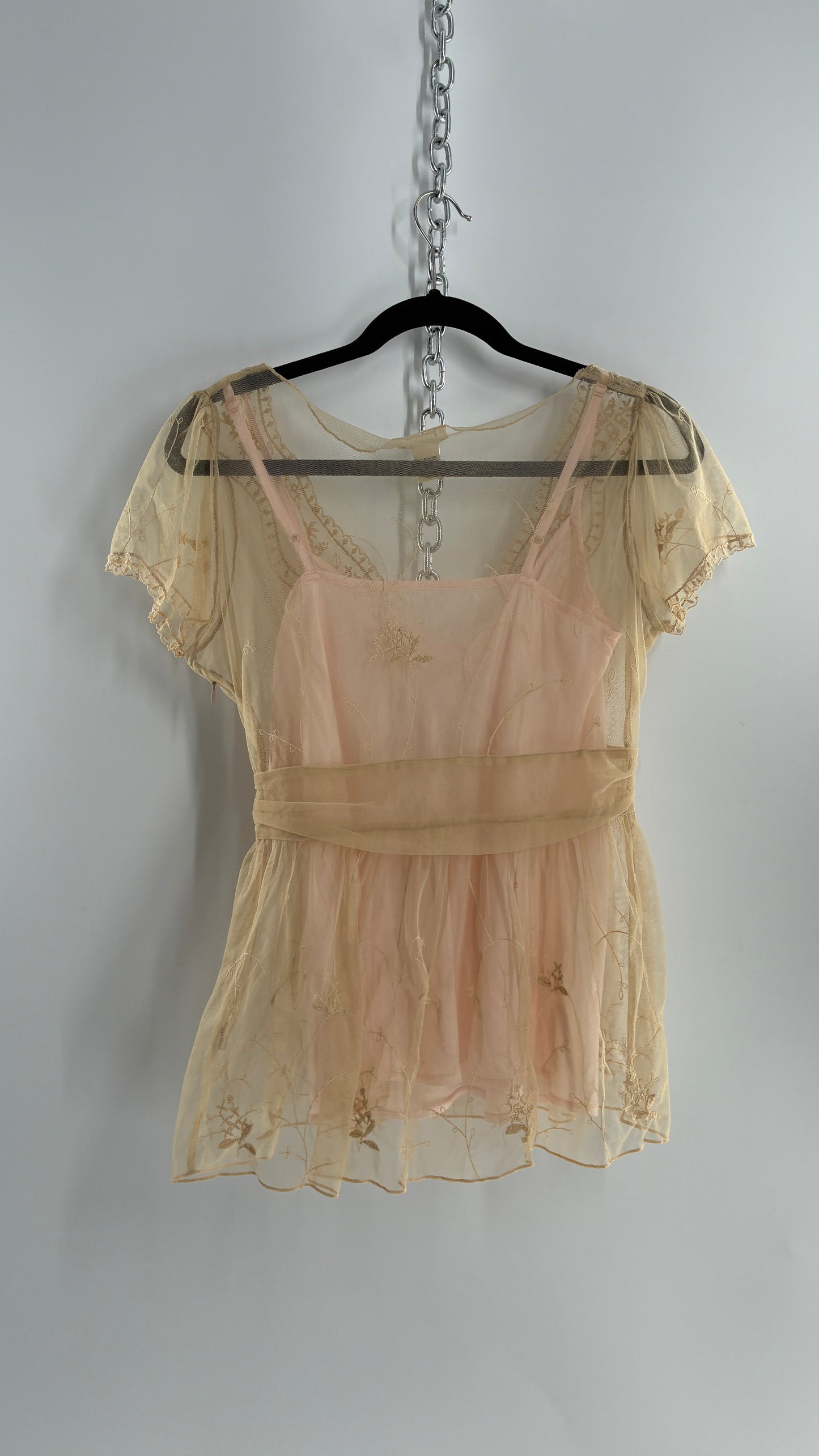 Vintage VIOLA Beige Sheer Mesh Blouse with Embroidered Details and Underbust Rosette (6)
