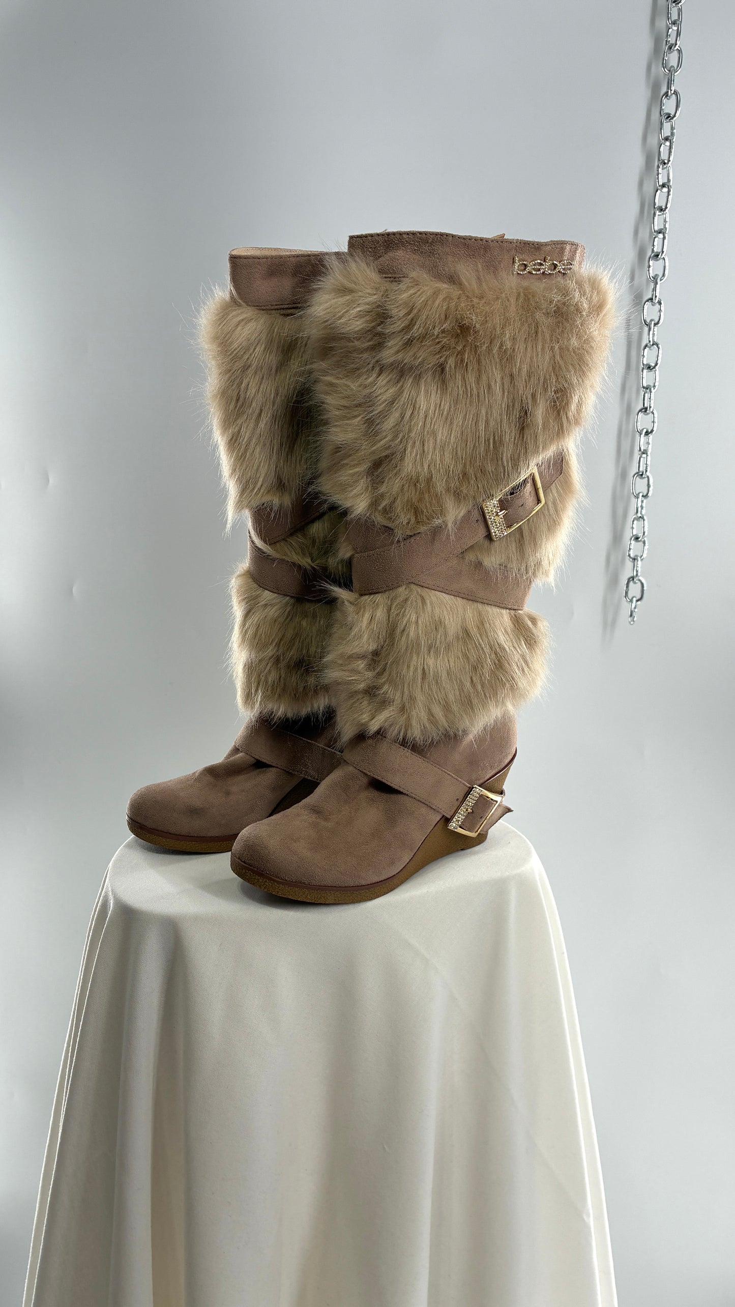 Vintage BEBE Wedge Heel Knee High Vegan Fur, Strappy Boots (6)
