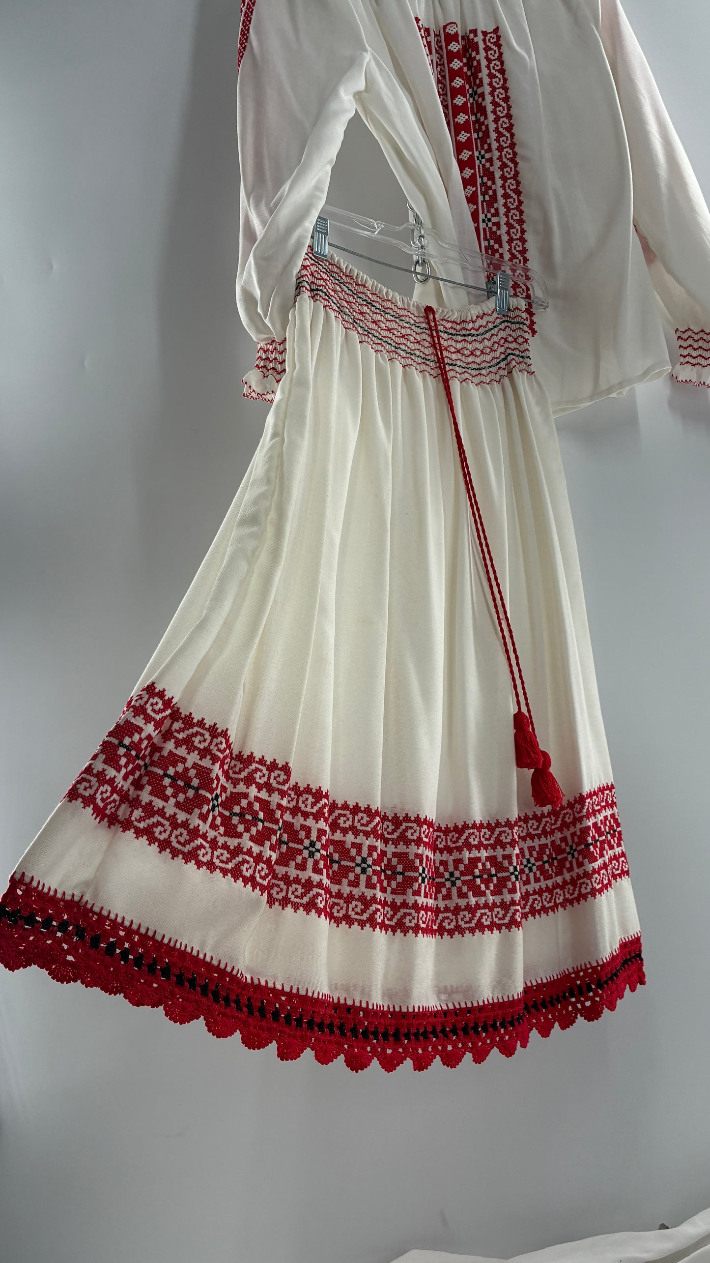 Vintage 1970s LUX FOLKLOR Budapest Handmade Cotton Long Sleeve and Skirt Covered in Red Embroidery and Stitching