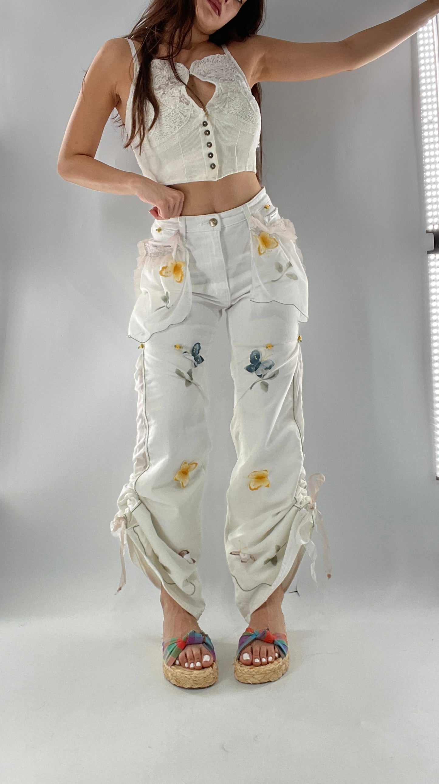 Remade Upcycled Lee White Jeans with Drawstring Adjustable Length, Lace Trim Pockets, Embroidery and Appliqué Details (27)