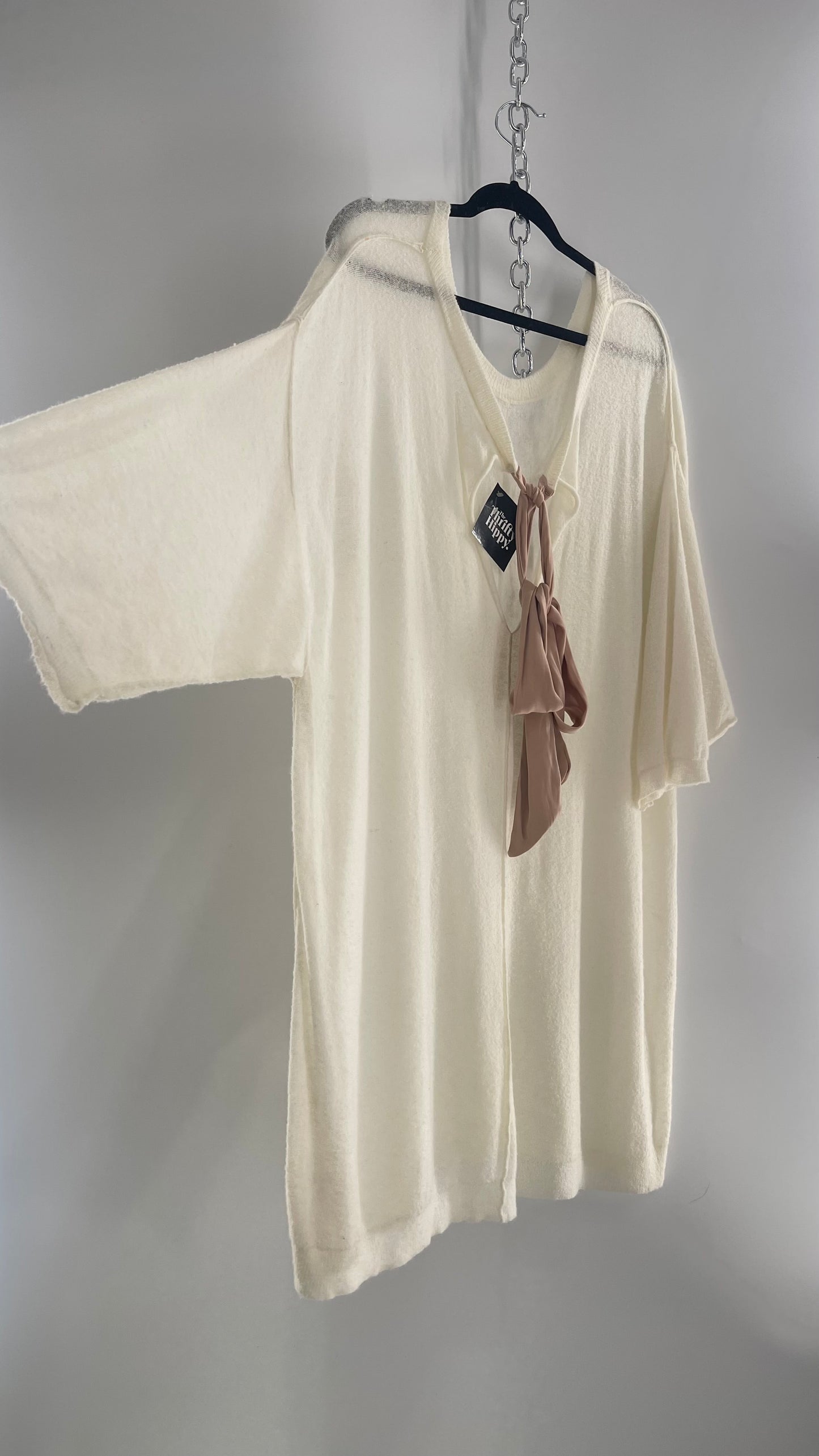 Free People Off White Thin Knit Cozy Sweater Dress with Open Back and Dusty Rose Ribbon (L)