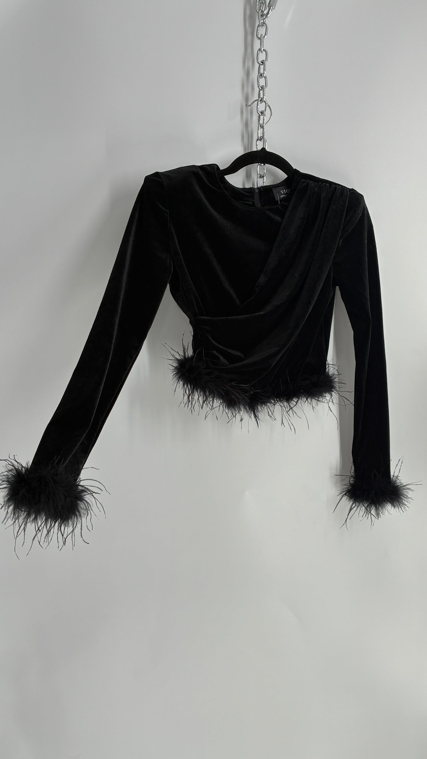 Vintage VICI Black Draped Long Sleeve with Ostrich Feather Hems and Cuff (XS)
