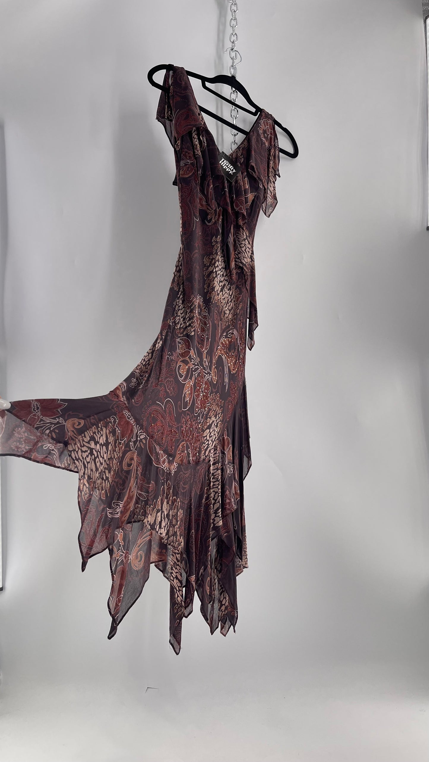 Vintage 90s EVA BLUE Brown MIDI dress with beading and Handkerchief Fairy Hem (10)