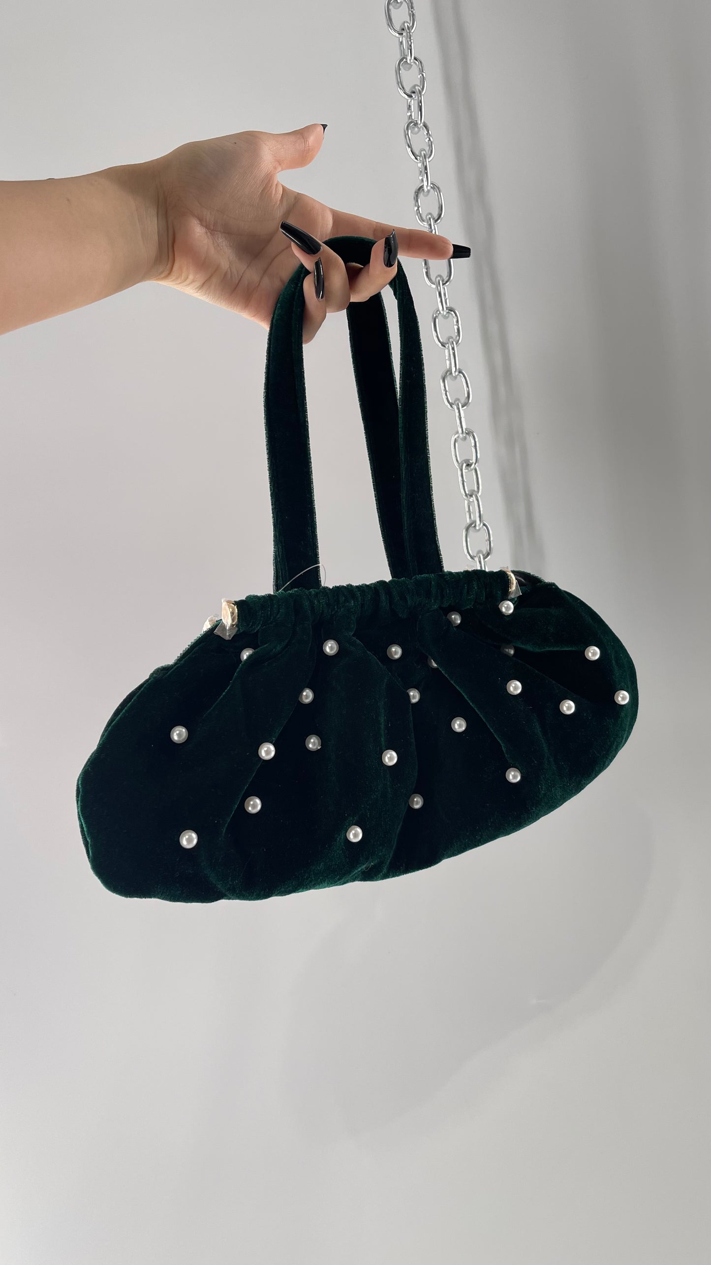Vintage Deep Green Velvet Purse Covered in Pearls, and Featuring Gold Metal Closure Still Lined in Protective Plastic