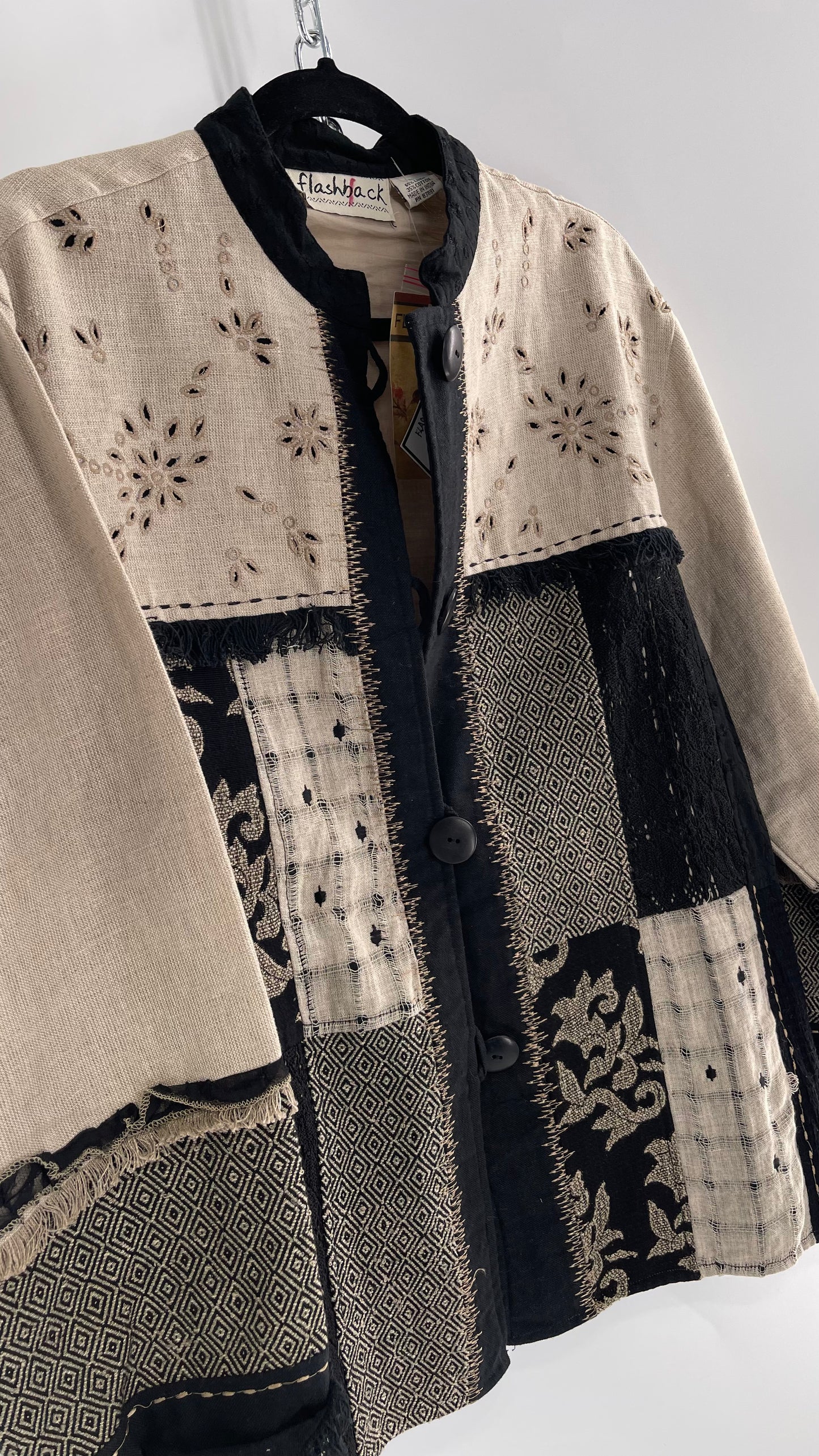 Deadstock Vintage Flashback Patchwork Coat with Mixed Neutral Fabrics, Embroidery and Fringe Details (Large)