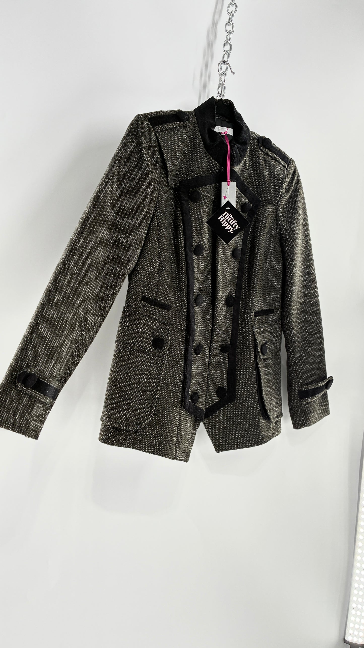Deadstock Vintage PER UNA 41% Wool Grey Drummer Military Jacket with Black Velvet Piping and Tags Attached (12)