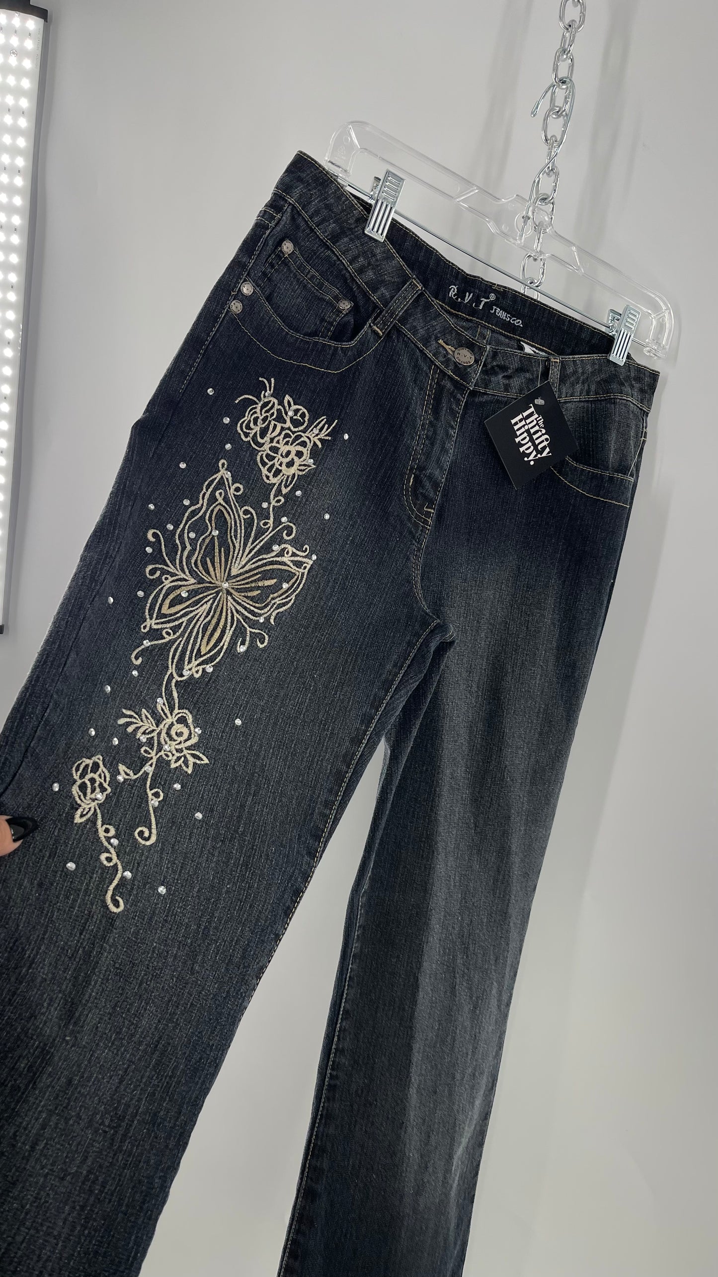 Vintage RVT Grey Kickflare Jeans with Butterfly Embroidery and Rhinestone Embellishment (9/10)