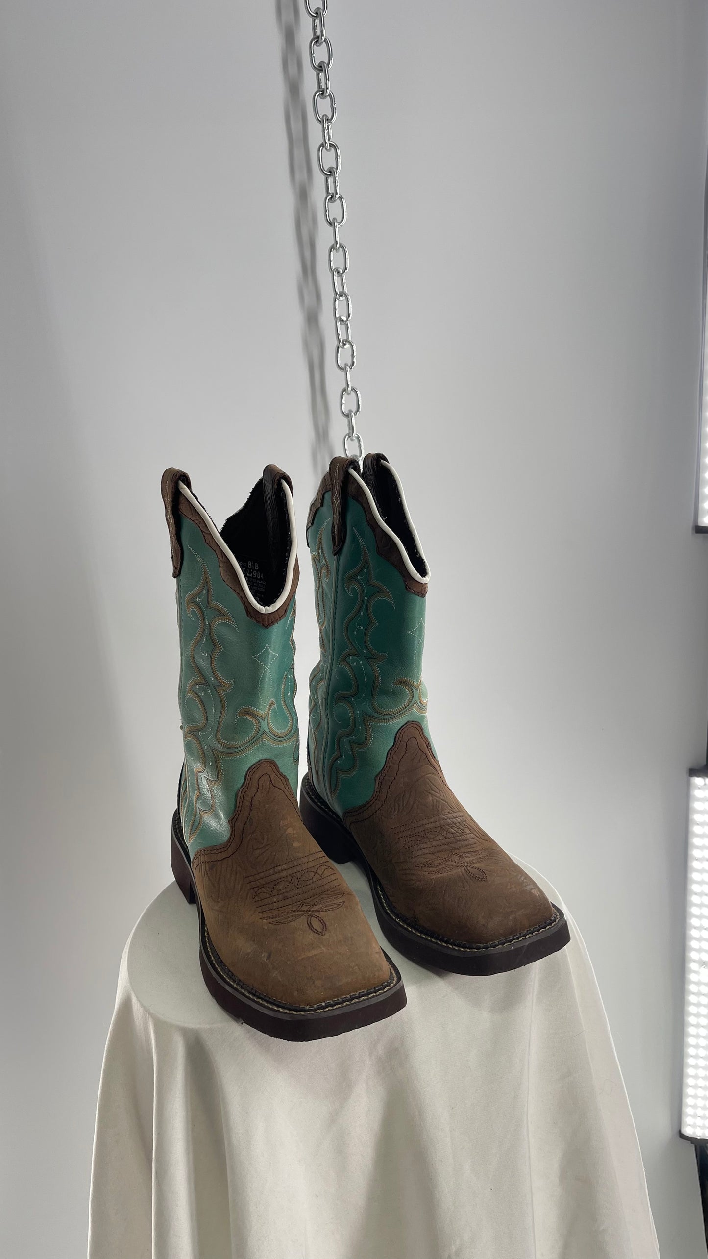 Vintage Justin Gypsy Brown Leather Turquoise Raya Cowboy Boots (8.5B)