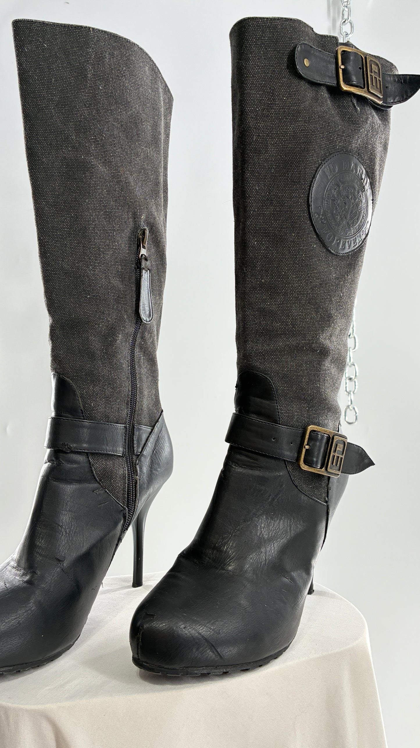 Vintage ED HARDY Stiletto Boots with Embossed Buckles and Badges (9)
