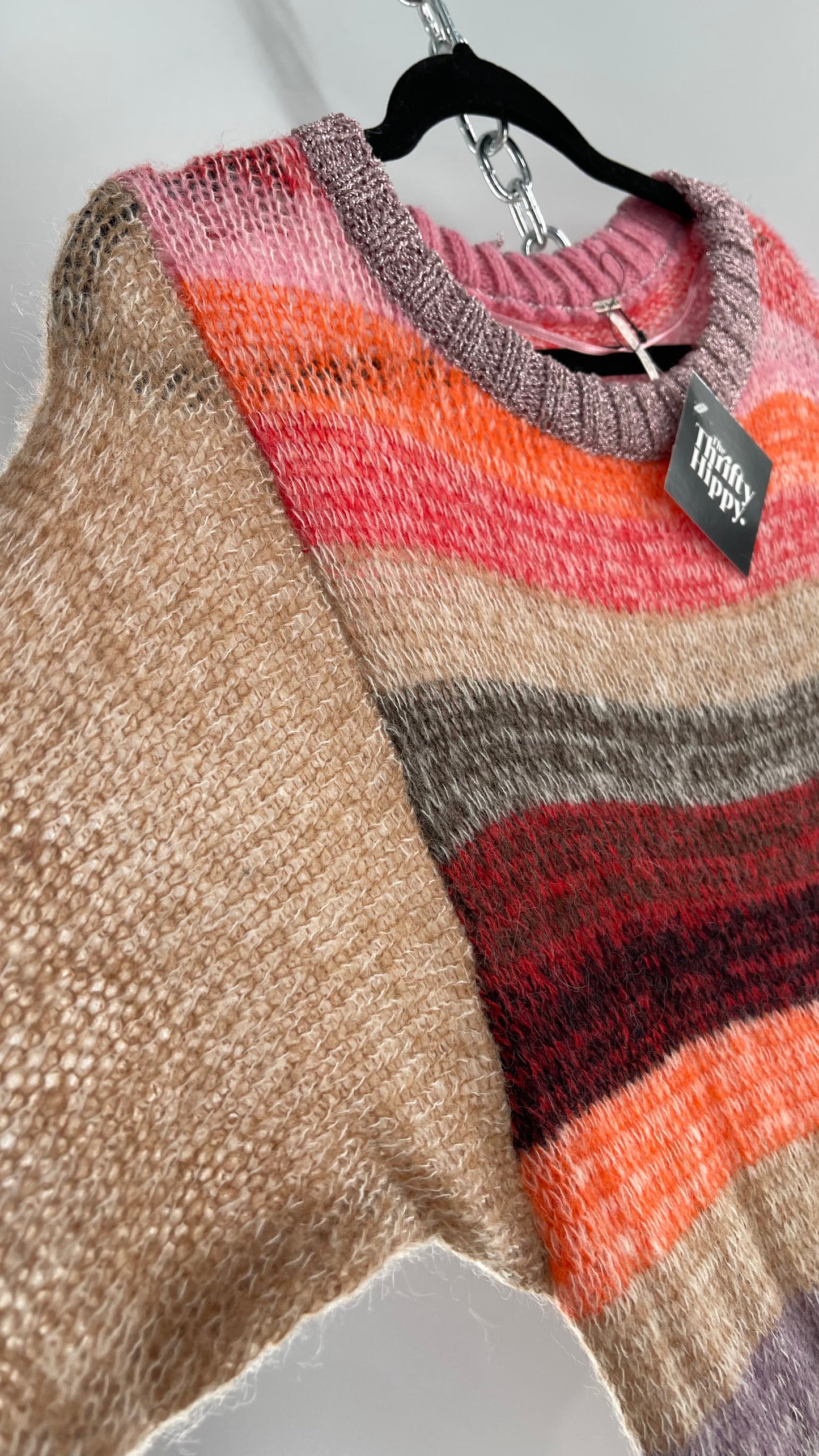 Free People Striped Sweater with Glitter Knit Cuffs and Collar (XS)
