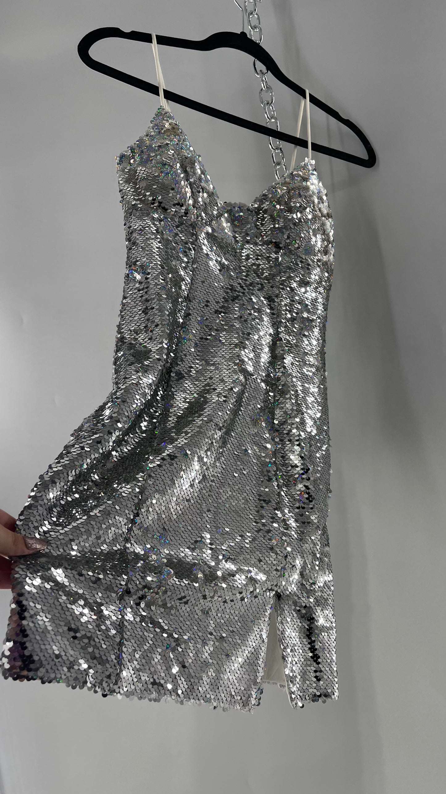 Princess Polly Silver Iridescent Sequin Mini Dress with Triangle Cups and Thigh Slit (0)