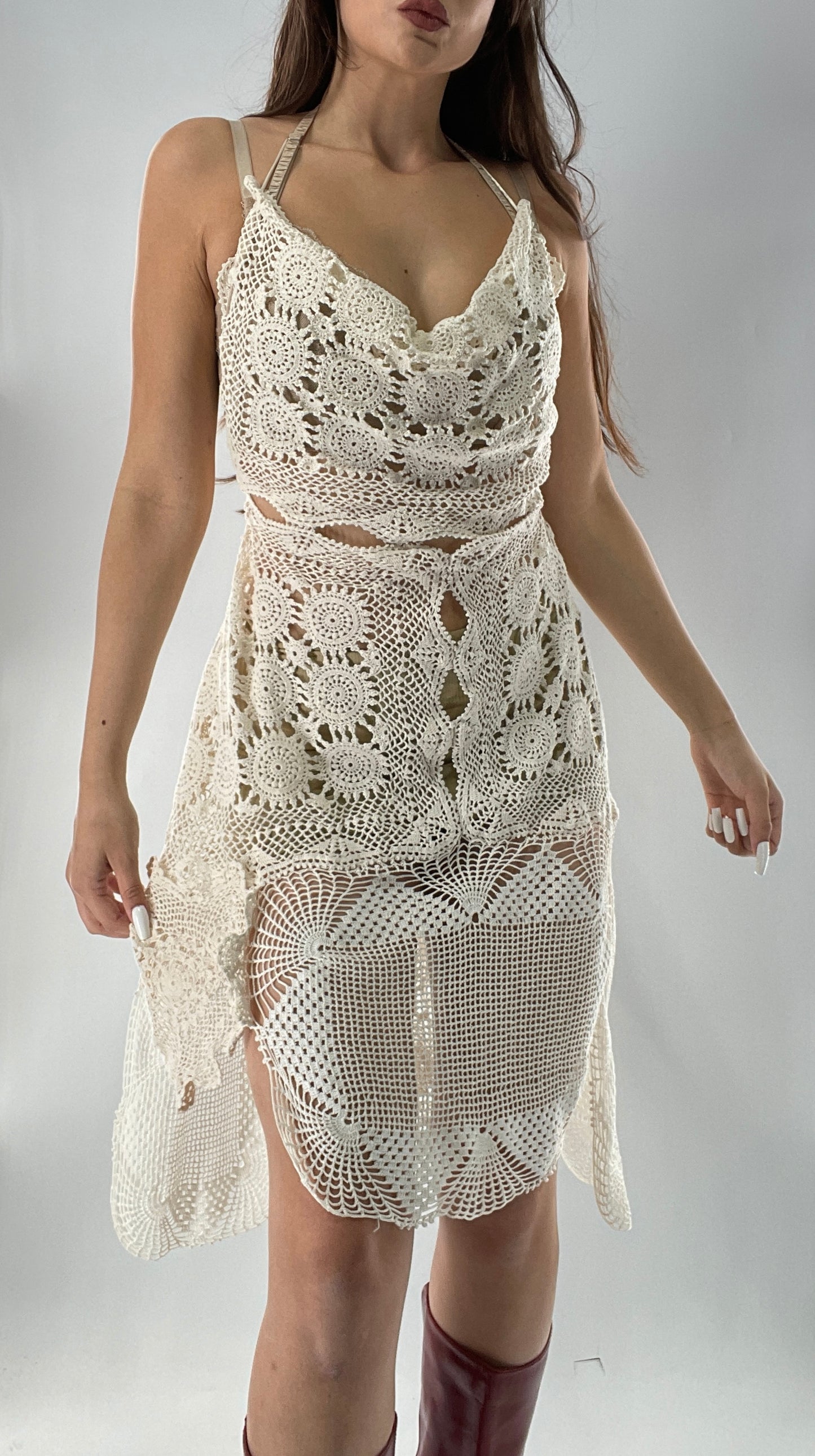 Vintage Handmade Crochet Cottage Adjustable Dress with Open, Low Back (One Size)