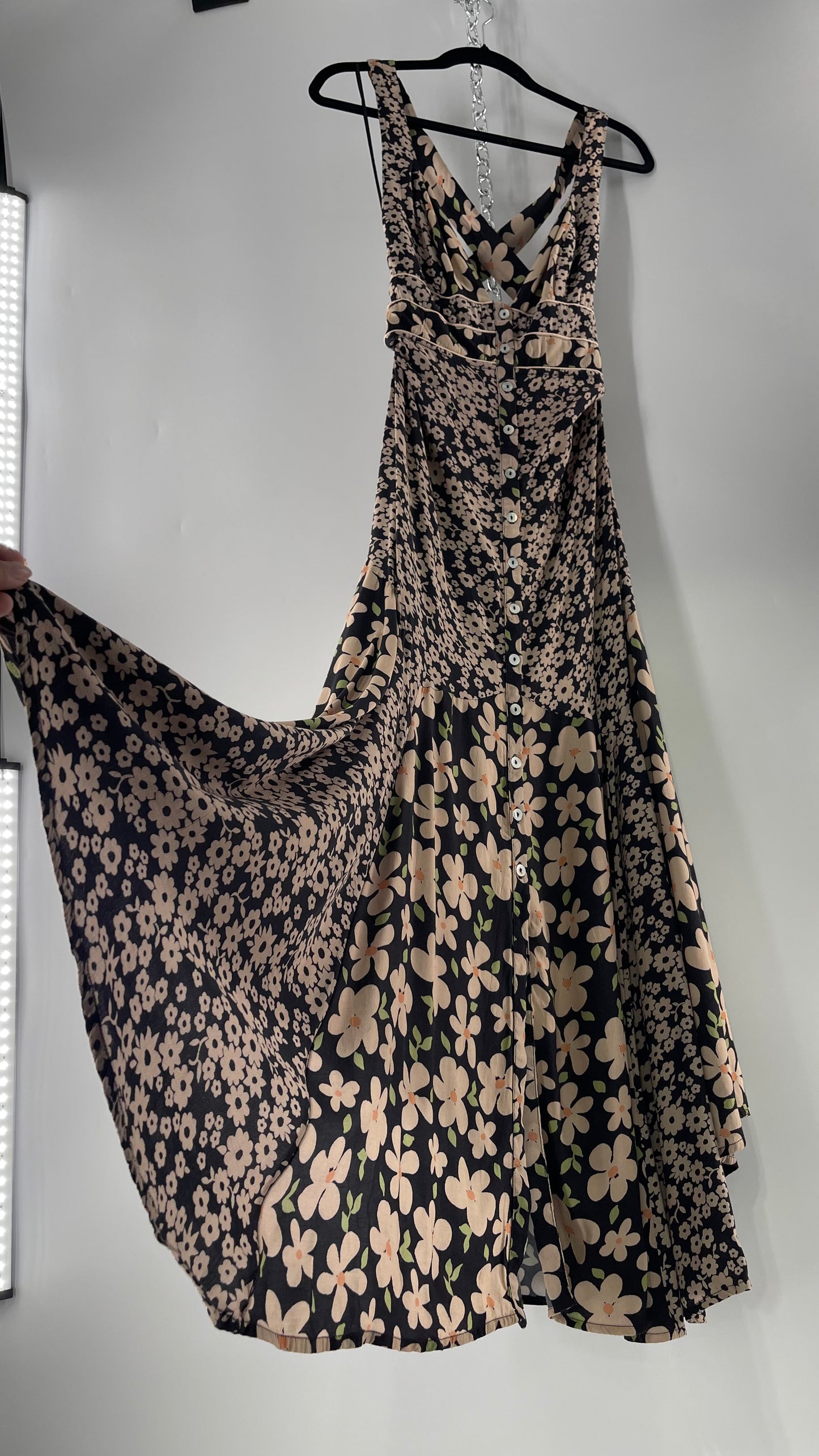 Free People Daisy Mixed Pattern Black/Beige Button Front Full Length Dress (XS)