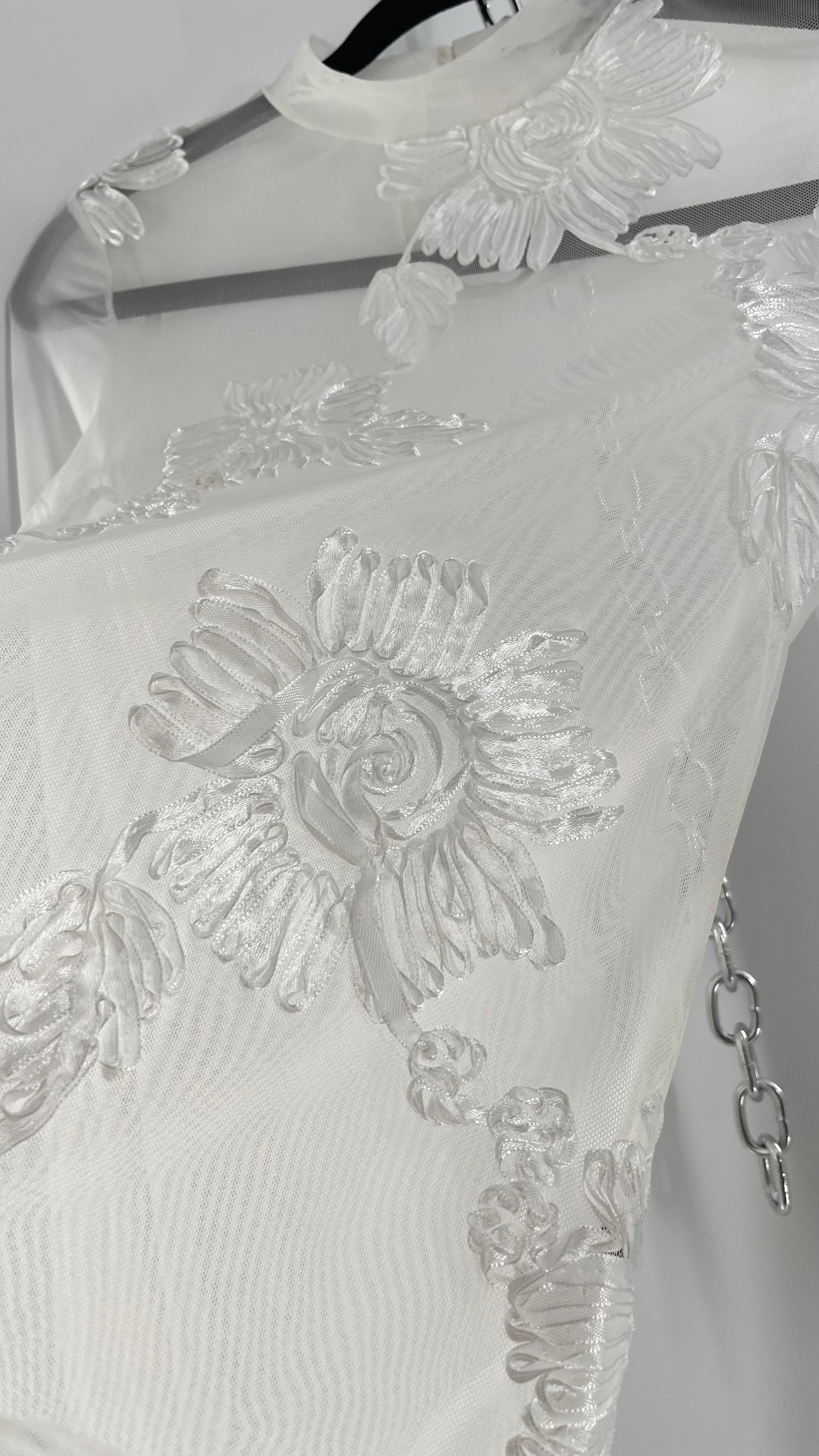 Haute Monde White Mesh Bodysuit with Ribbon Embroidery, Bell Sleeves and Tags (Small)