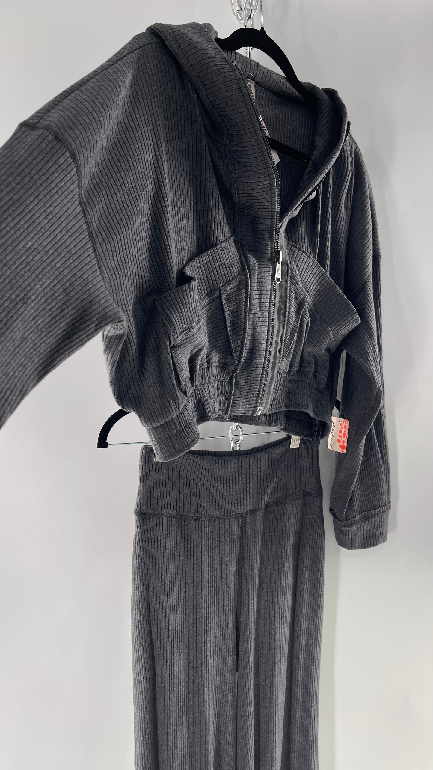 Free People Charcoal Slate Gray 2 Piece Set with Cropped Hoodie and Jogger Sweats with Tags Attached (XS)