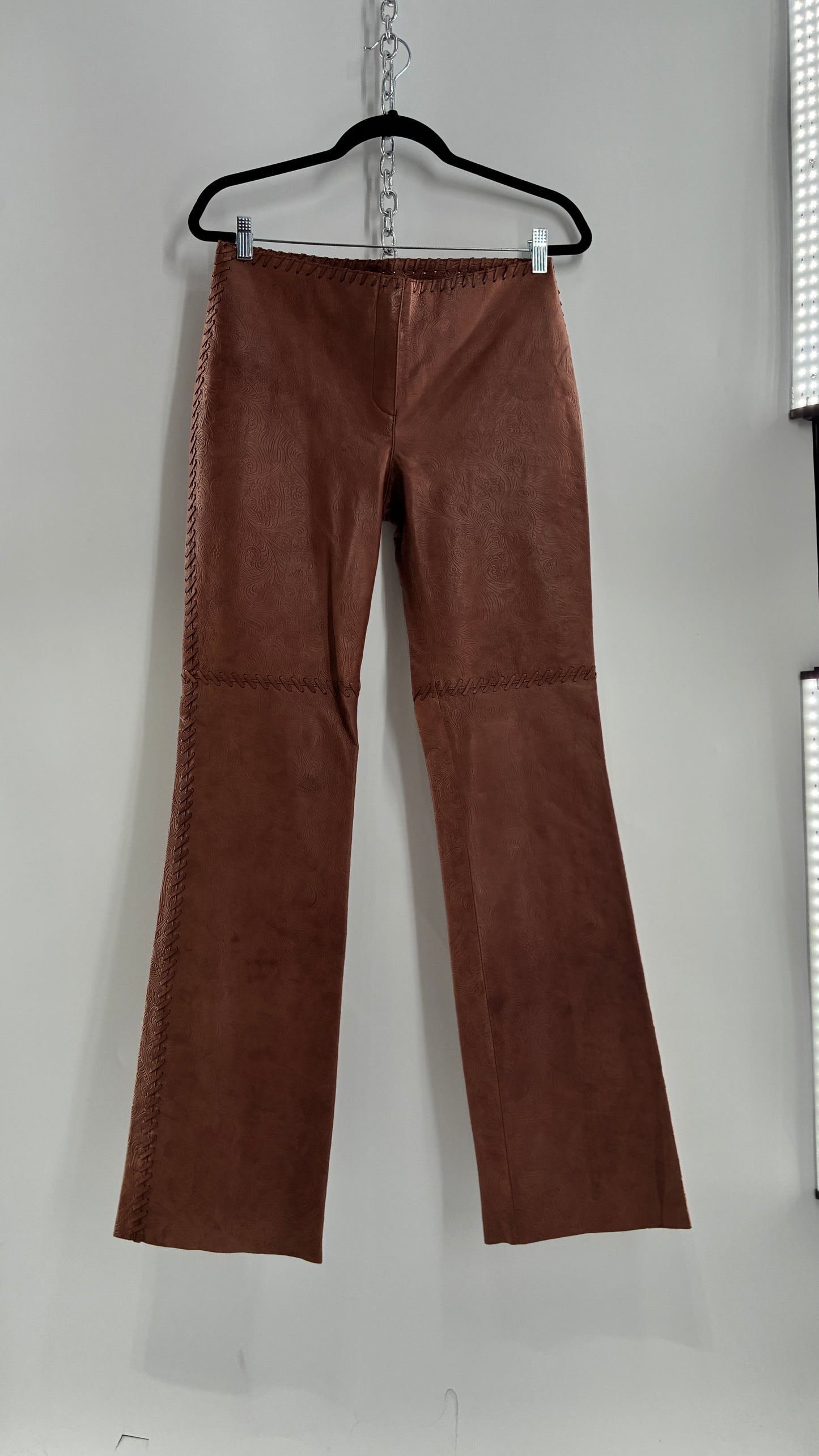 Vintage Embossed Paisley Patterned Genuine Leather Pants with Stitching Details (No Label Unbranded, S)