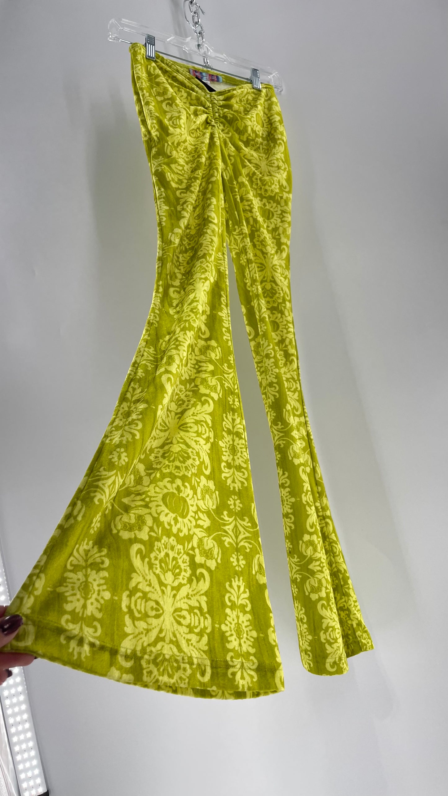 Urban Outfitters Chartreuse Green/Yellow Velvet Lace Patterned Flares with Scrunch Front  (XS)