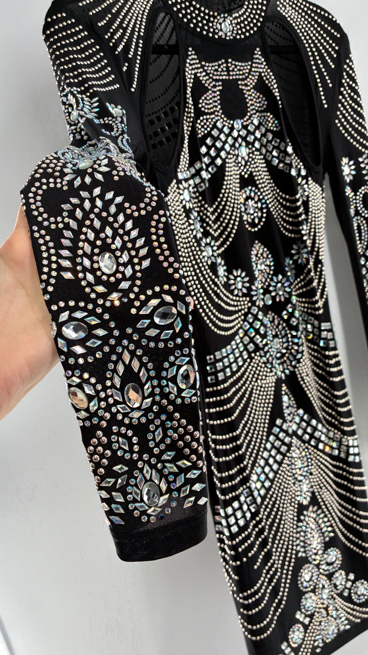 Black Bedazzled Mini Dress with Cut Out Details Covered in Gems (Small)