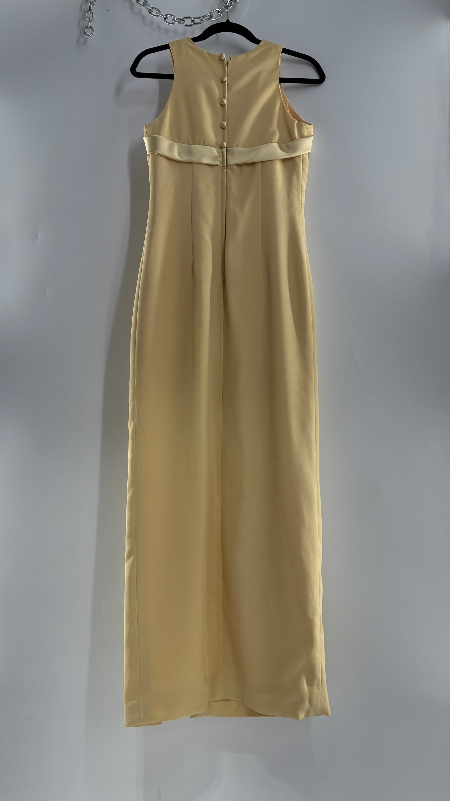Vintage ALYCE’S Baby Yellow High Neck Satin Bow Bust, Side Slit, Button Back Gown (Measured)