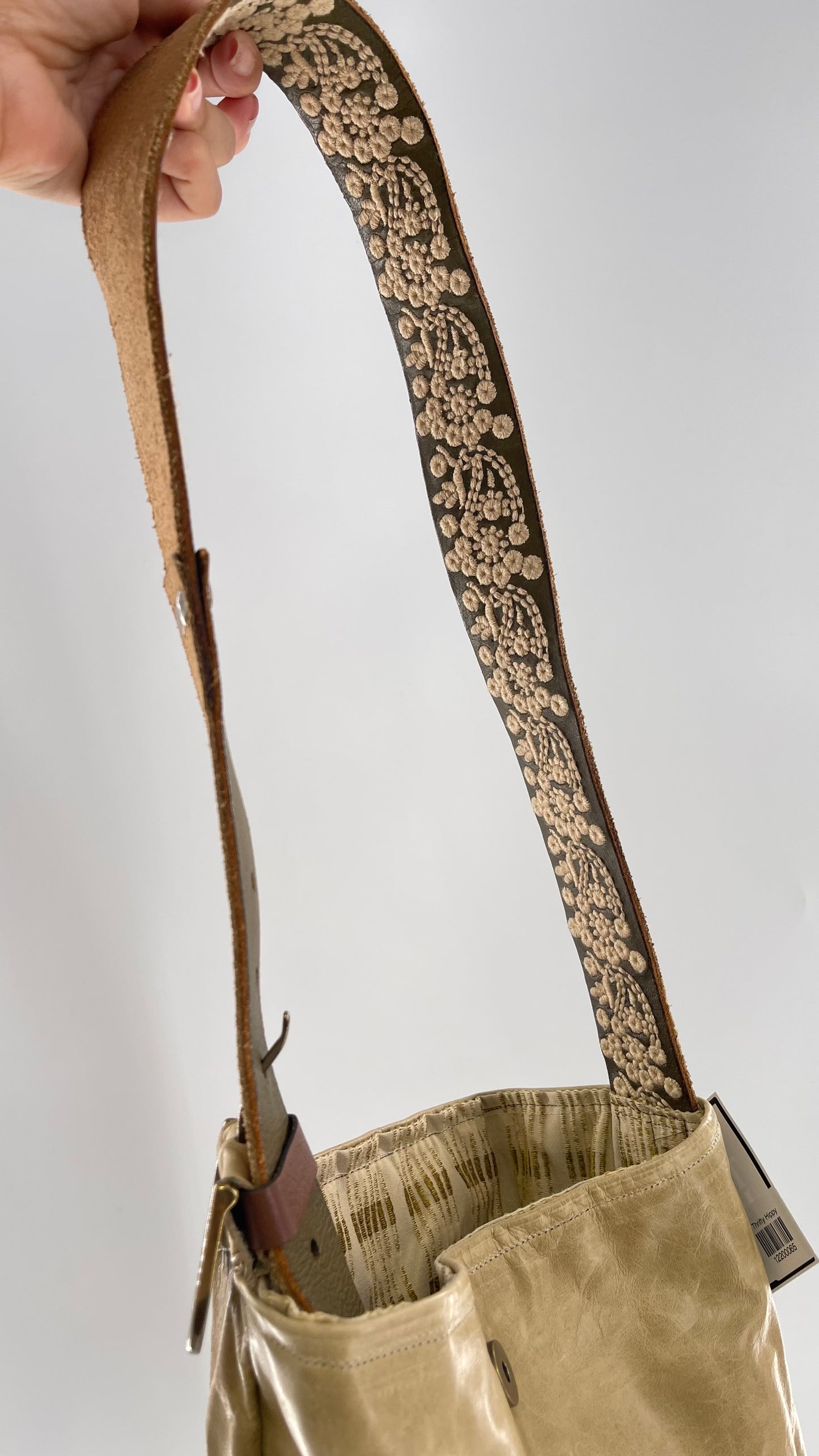 Tote with Embroidered Gold Exterior, Embroidered Leather Strap and Leather Interior - Shown Reversed