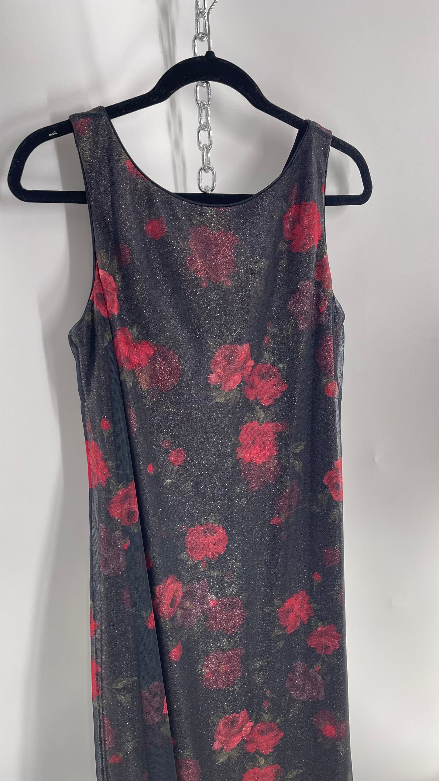 Vintage TEDDI EVENING Dress with Red Rose Layer Over Glitter Graphic and Black Base Layer (10)