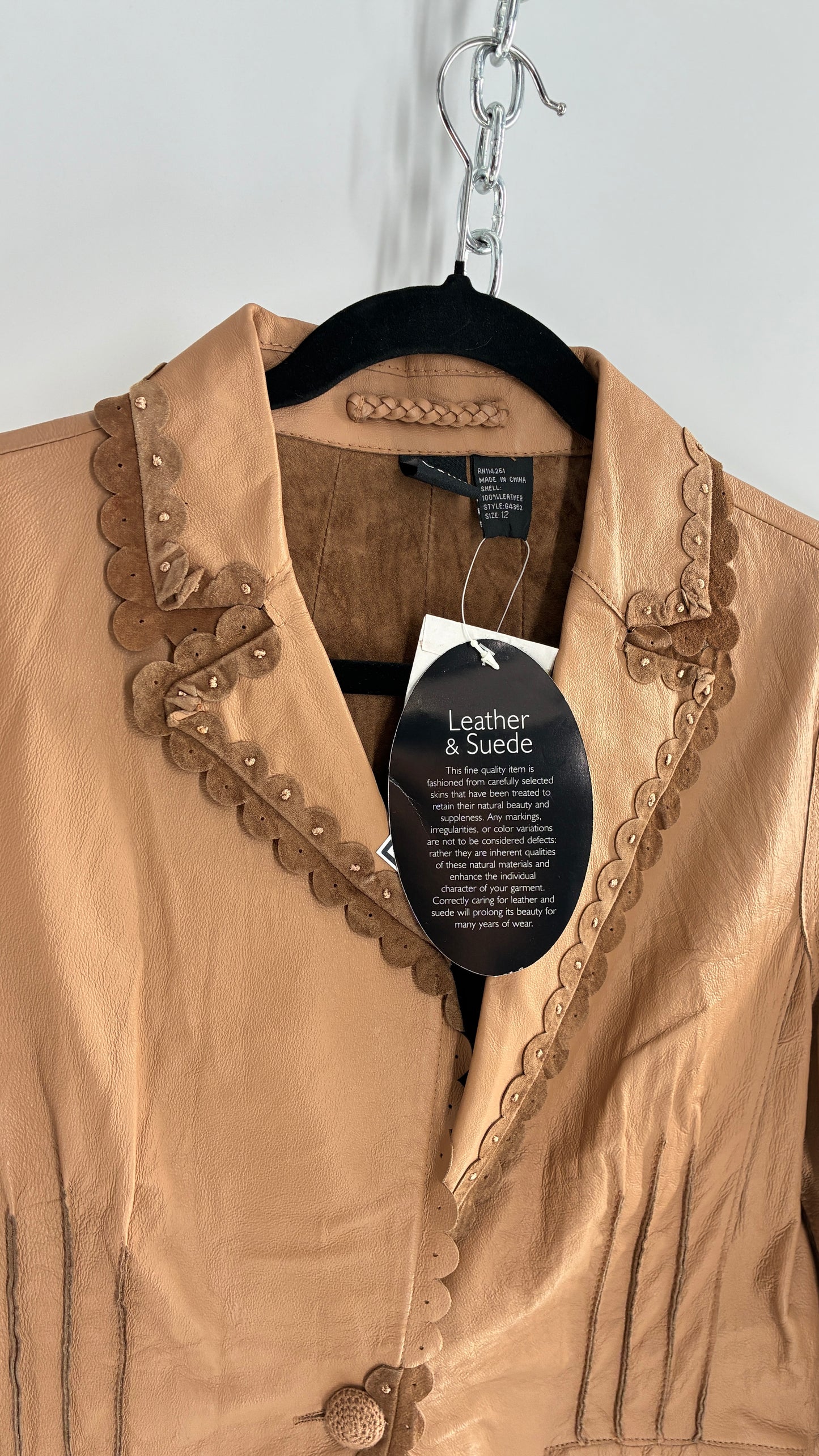 RARE Deadstock Vintage Cami Brown Thin Leather Jacket with Suede Scalloped Trim (12)