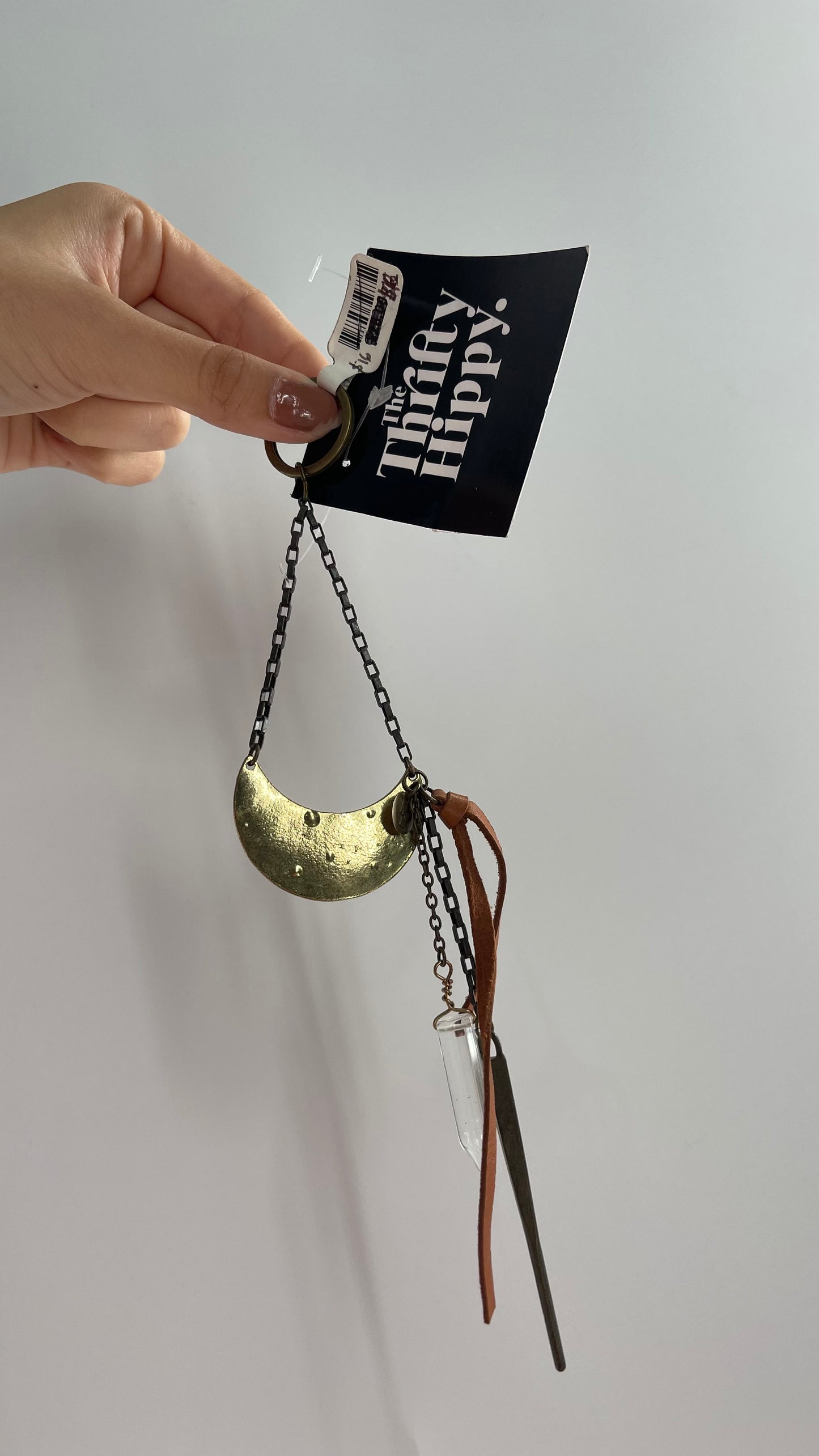 Free People Keychain with Bronze Half Moon, Crystal, and Vegan Leather Detail
