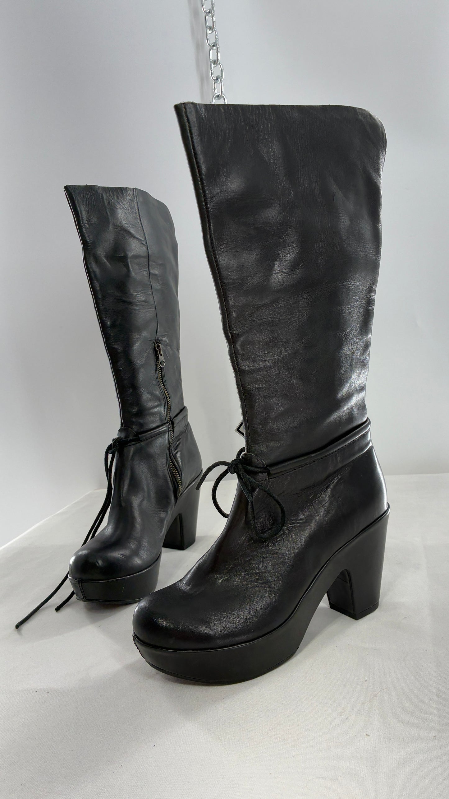Vintage KORK EASE Black Genuine Leather Platform Clog, Knee High Boots (8/39)