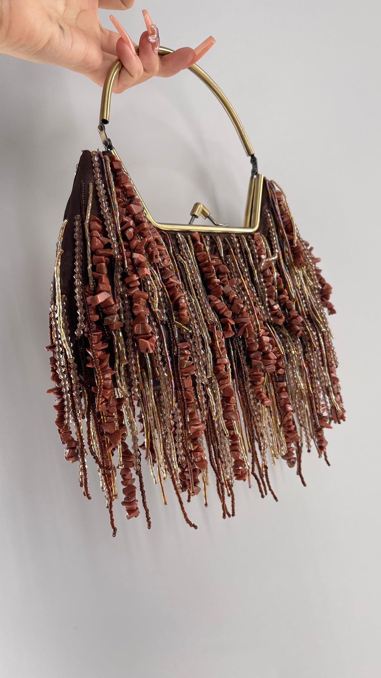 Vintage Purse Covered in Strands of Brown Beads and Reflective Stone Tassels