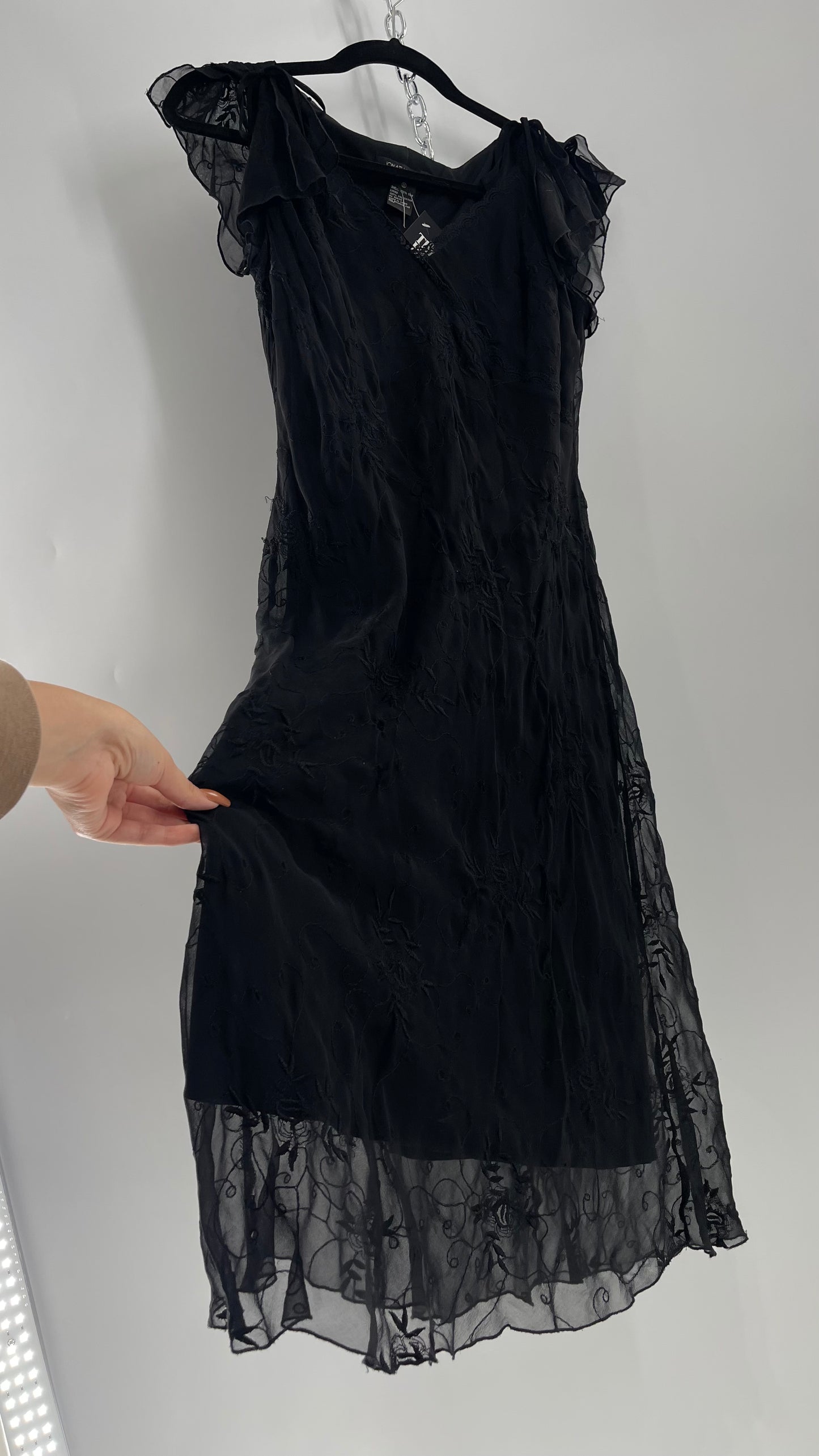 Vintage Jonathan Martin 100% Silk Black Embroidered MIDI Dress with Tie Shoulder Detail (10)