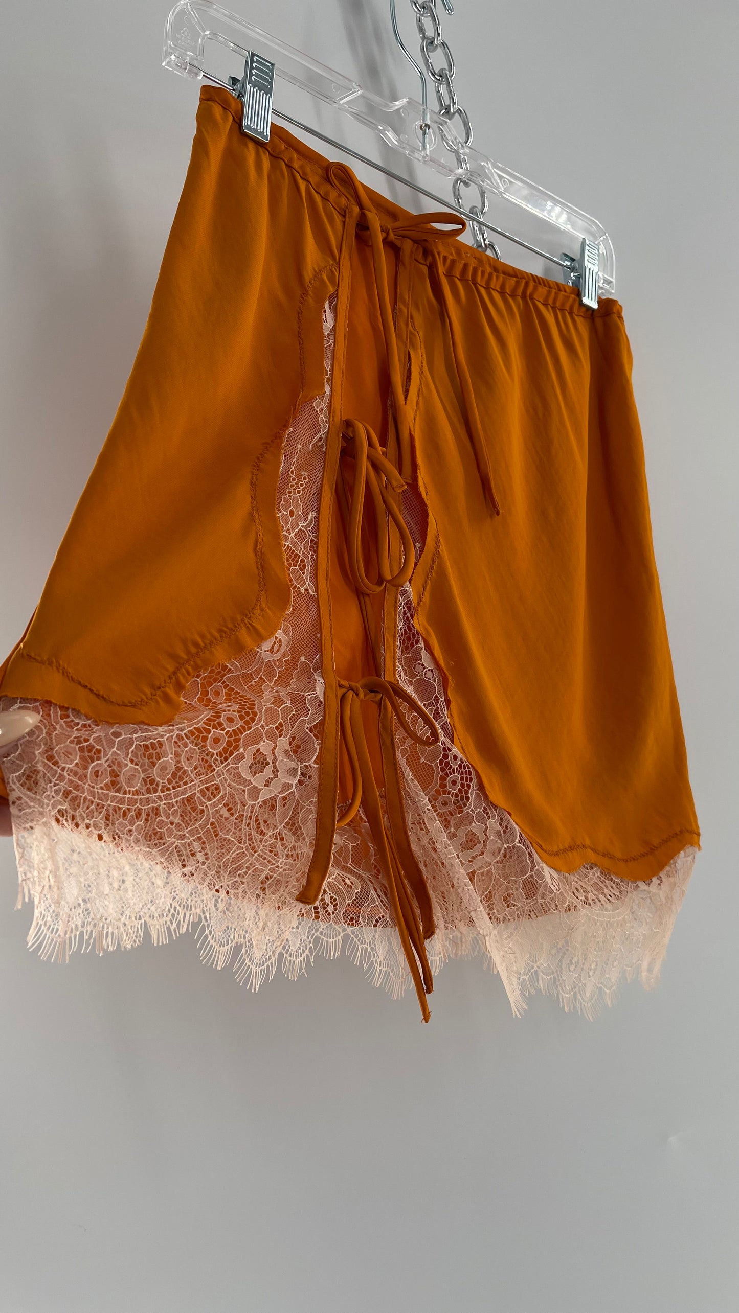 Free People Orange Lace Trim Silky Mini Skirt (Medium)