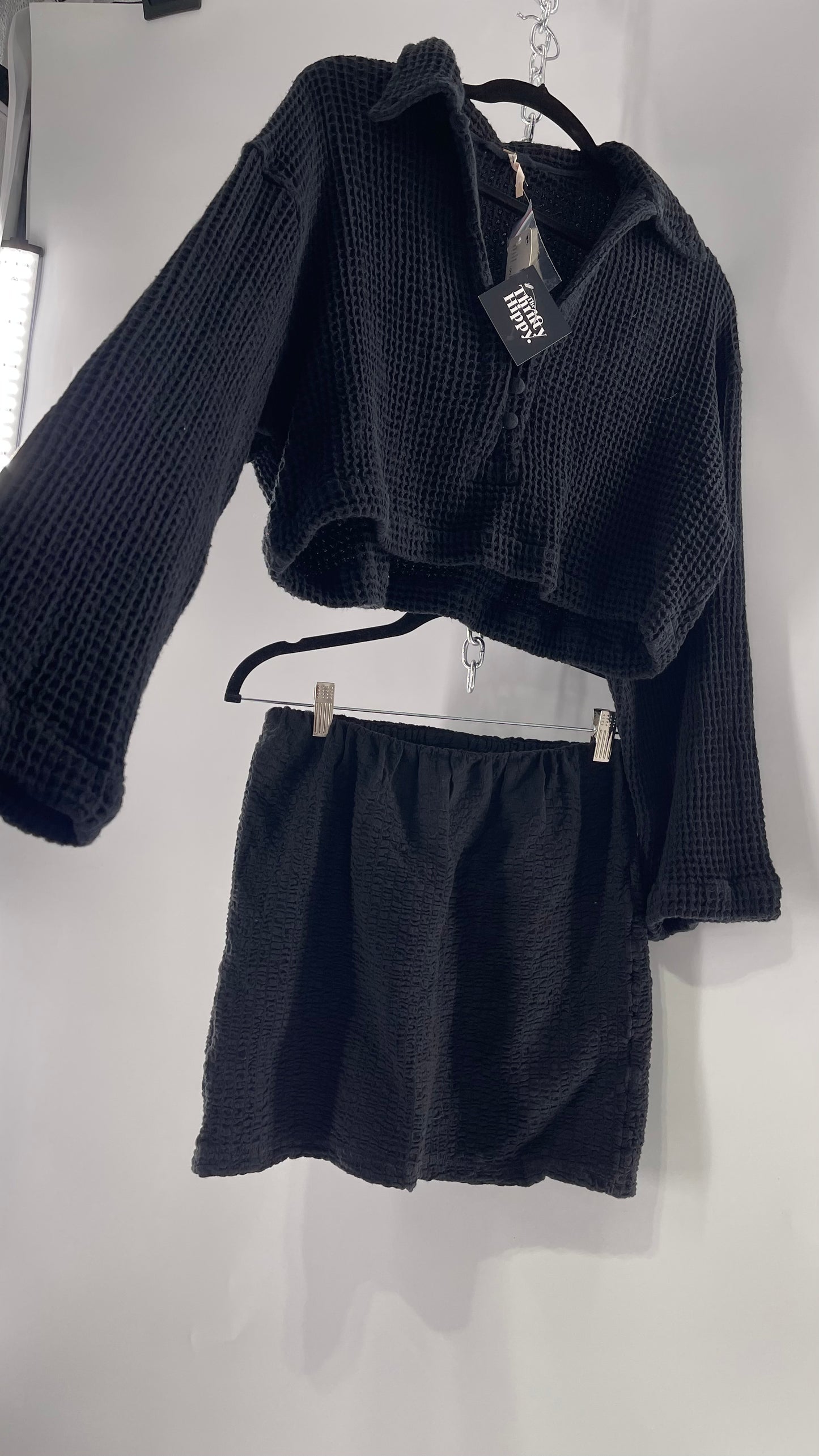 Free People Waffle Knit Black Cropped Button Up and Skirt Set with Tags Attached (Small)