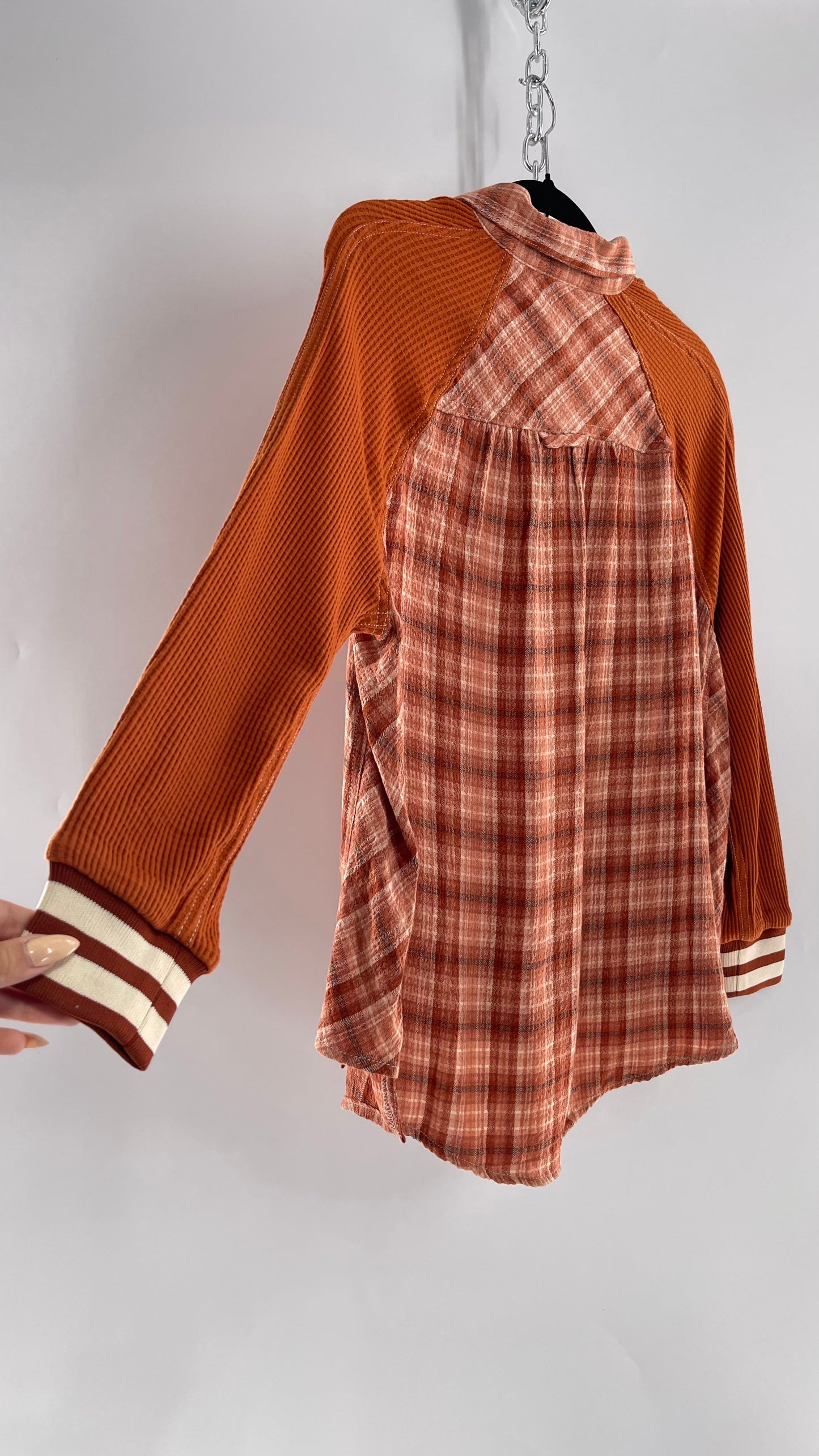 BDG Burnt Orange Flannel with Waffle Knit Sleeves (XS)