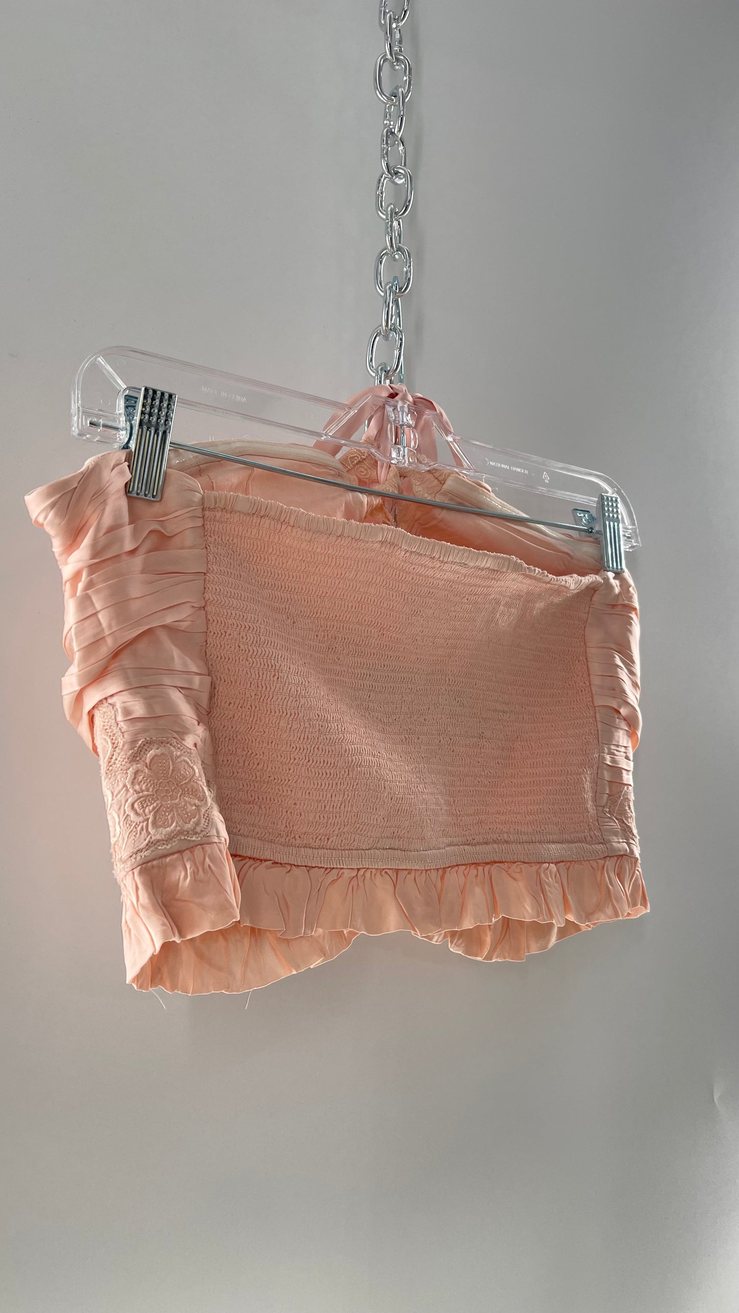 Free People Pink Viscose Pleated Tube Top with Ribbon Lace Up Bodice, Embroidered Flower Detail, and Ruffled Hem (Large)