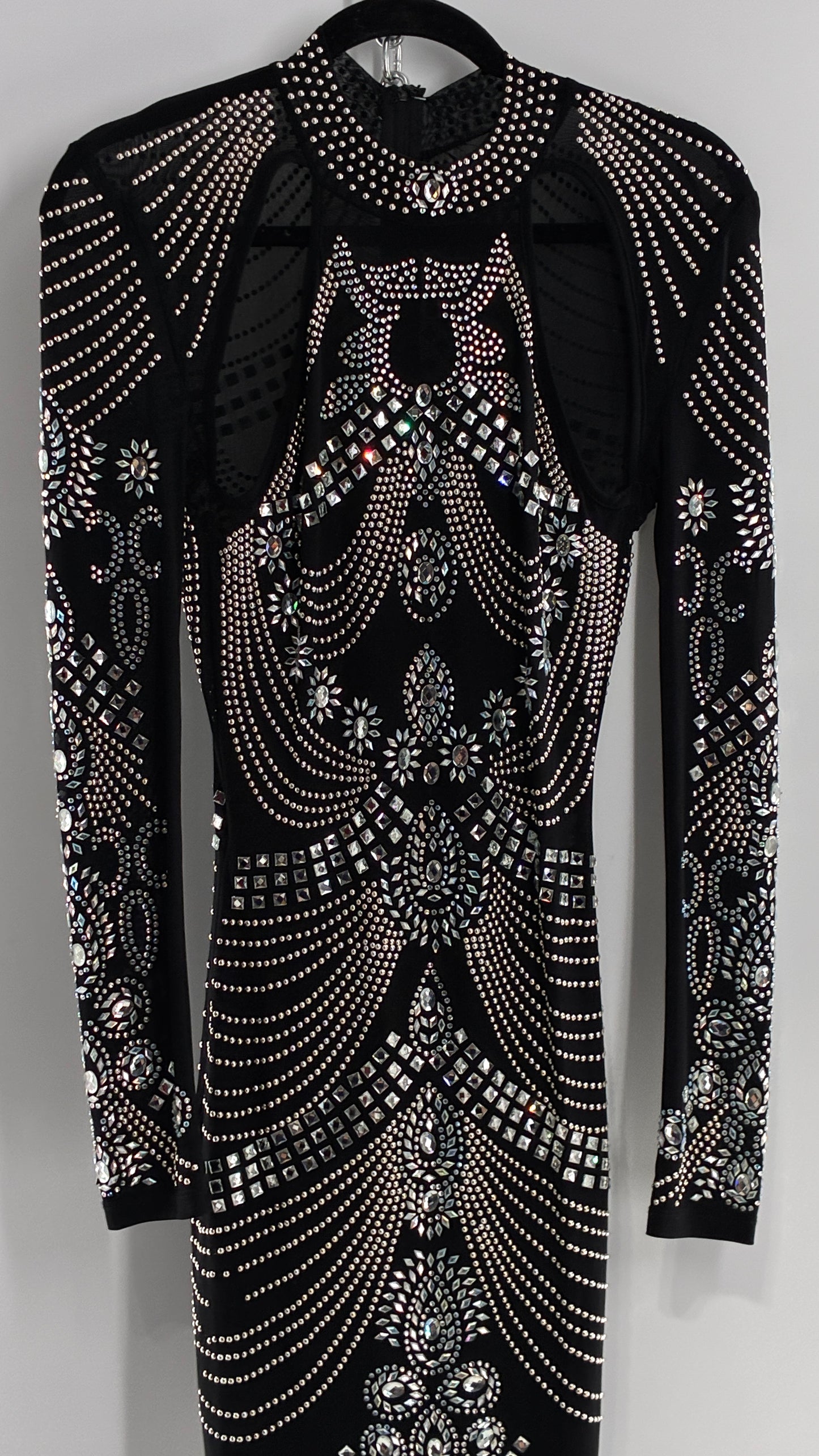 Black Bedazzled Mini Dress with Cut Out Details Covered in Gems (Small)