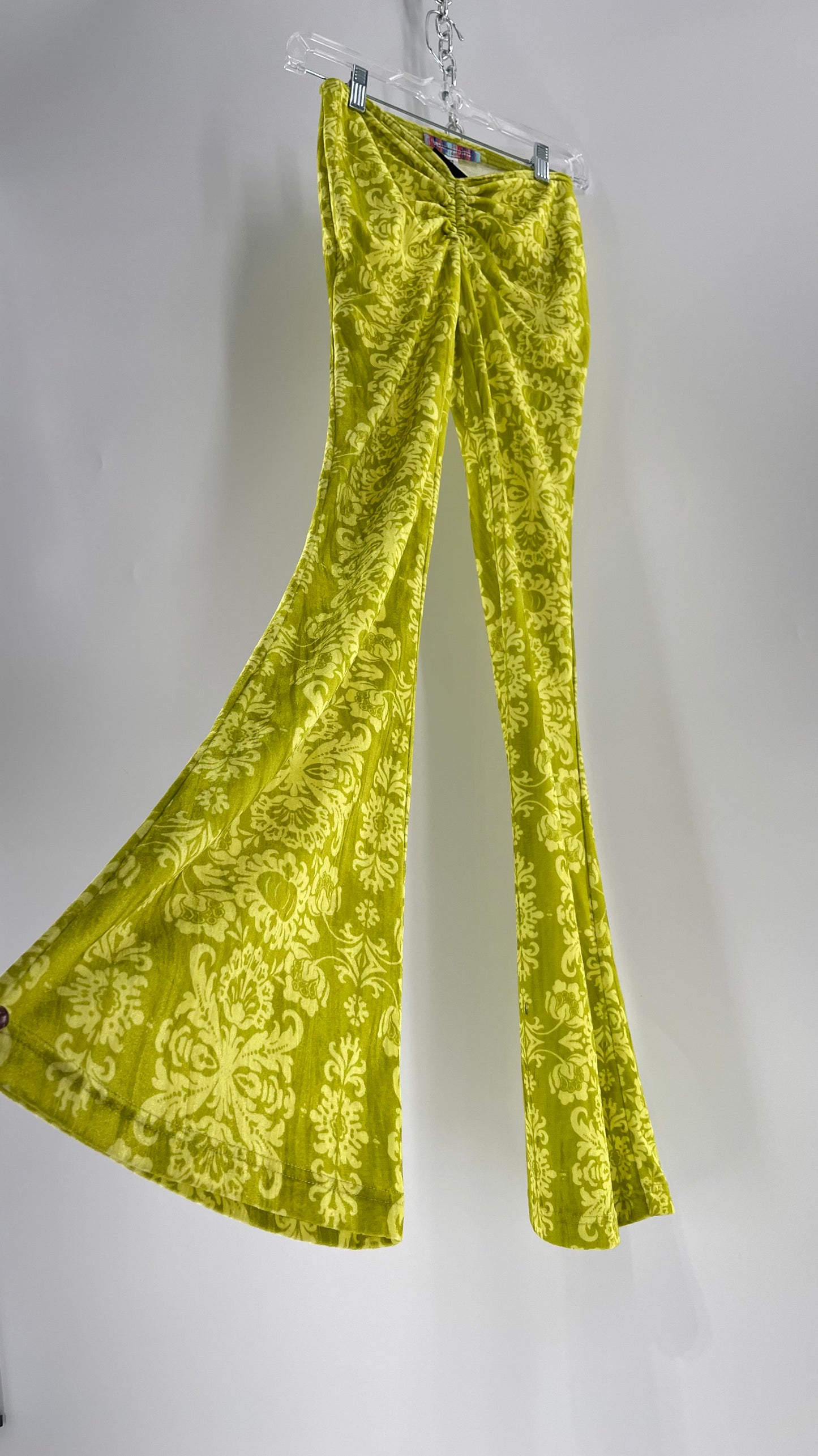 Urban Outfitters Chartreuse Green/Yellow Velvet Lace Patterned Flares with Scrunch Front  (XS)