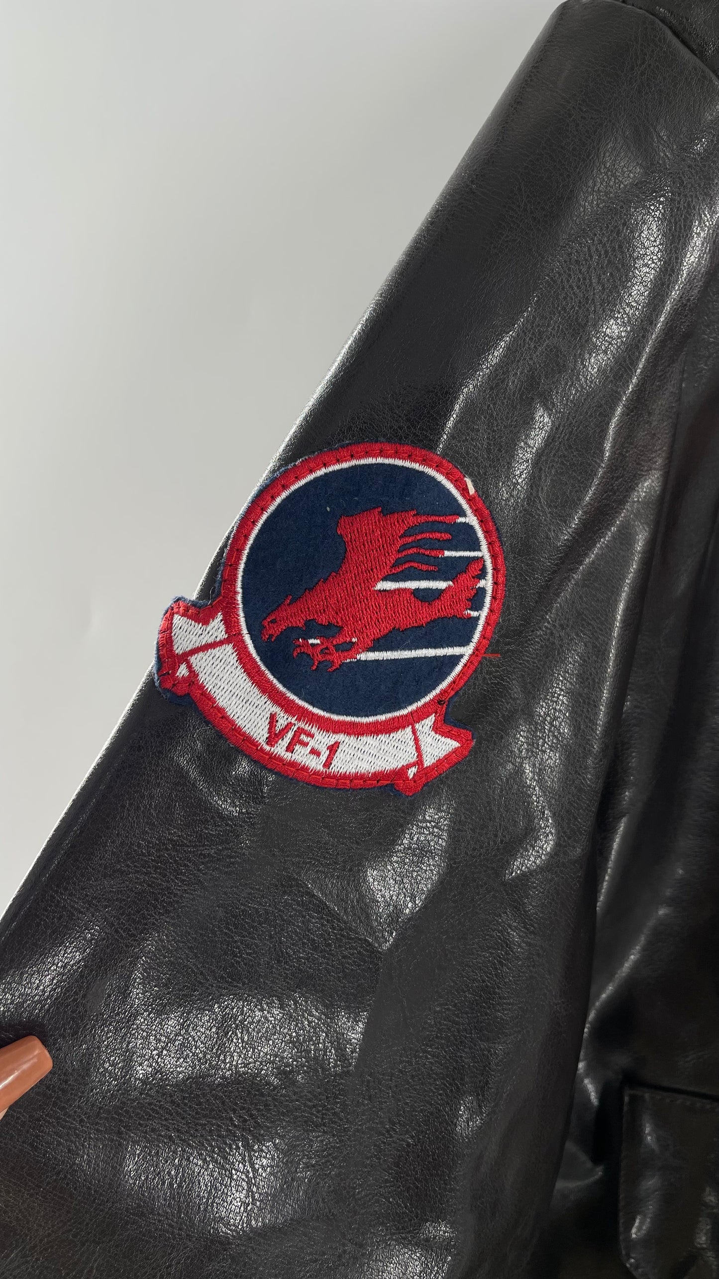 Vintage Dark Brown Top Gun Bomber Jacket with Patches and Teddy Sherpa Collar (Large)