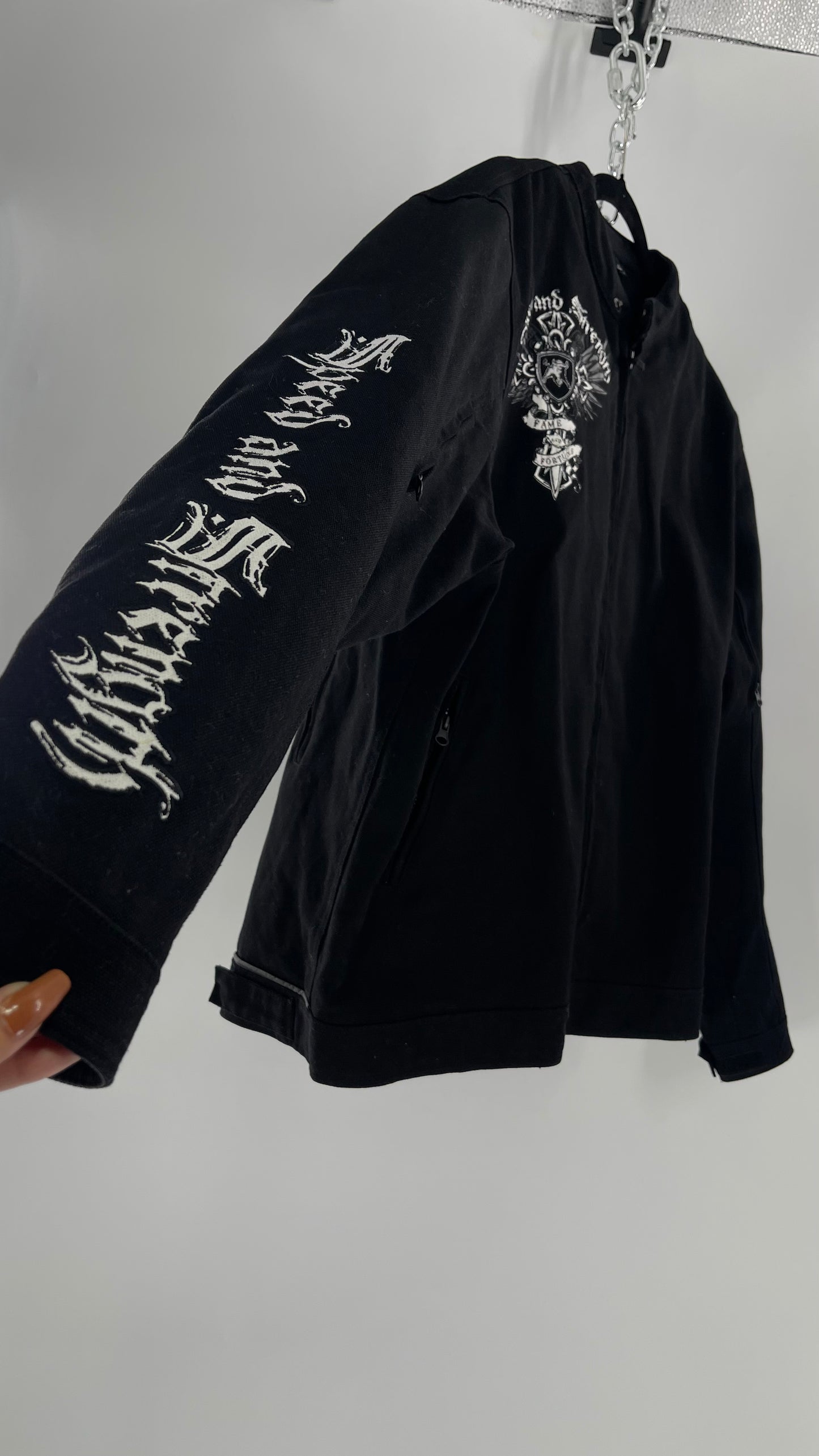 Vintage Speed + Strength Grunge Punk Riding Motorcycle Jacket with Cross Embroidery, Wings, Fame + Fortune, Speed + Strength Men’s Unisex (XXL)