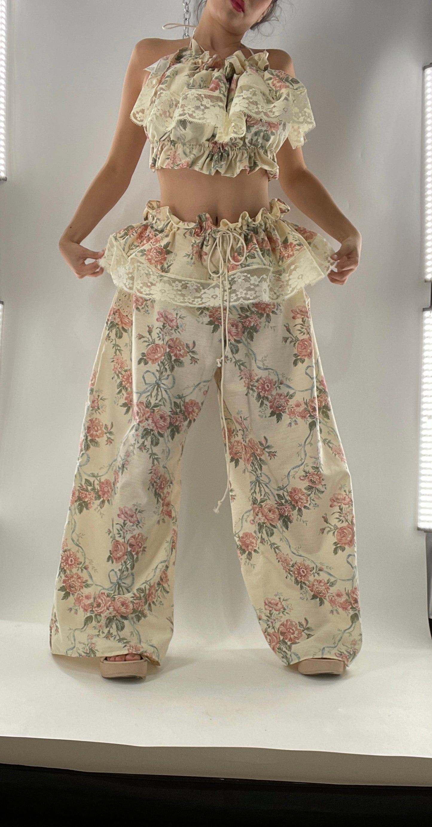 Vintage Set Covered in Delicate Dainty Florals, Bows and Lace (One Size, Adjustable)