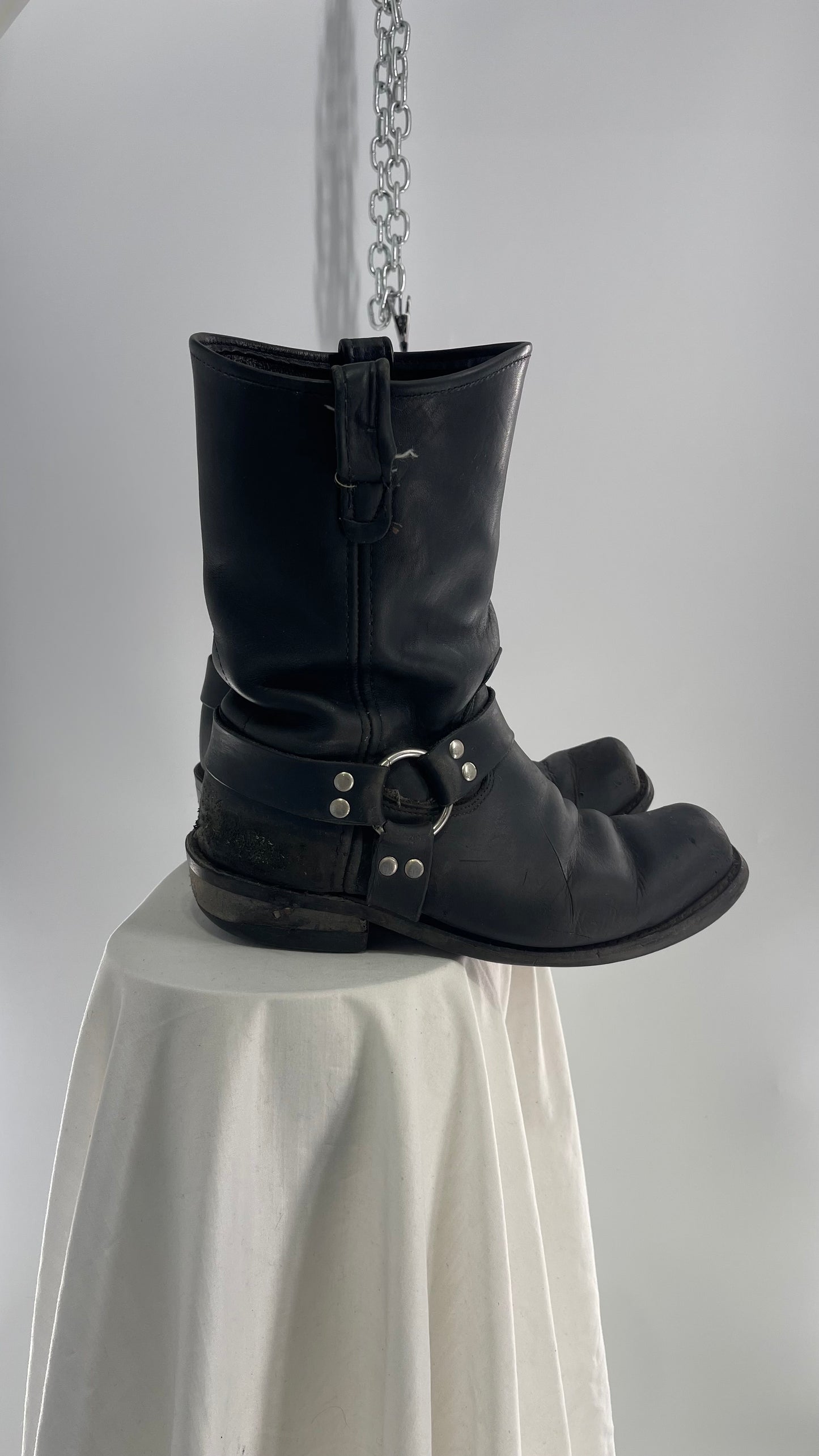 Vintage SIERRA Black Heavy Duty Sloppy Scuffed Distressed Leather Motorcycle Boots (10.5)