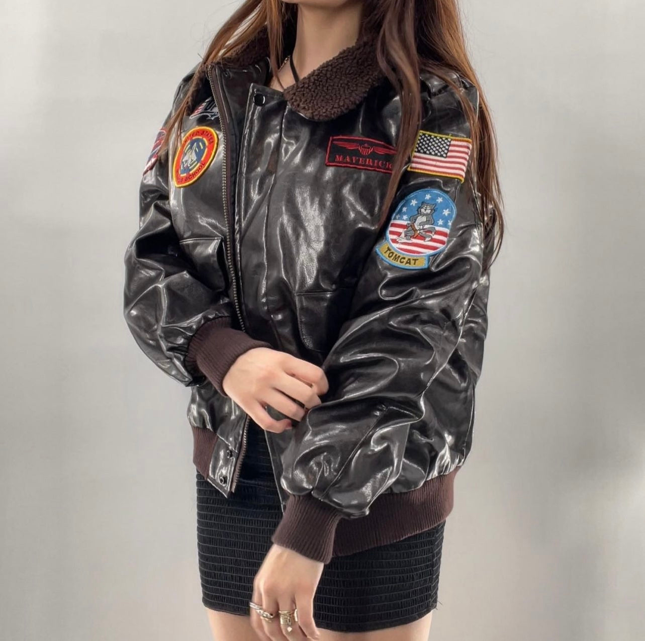Vintage Dark Brown Top Gun Bomber Jacket with Patches and Teddy Sherpa Collar (Large)
