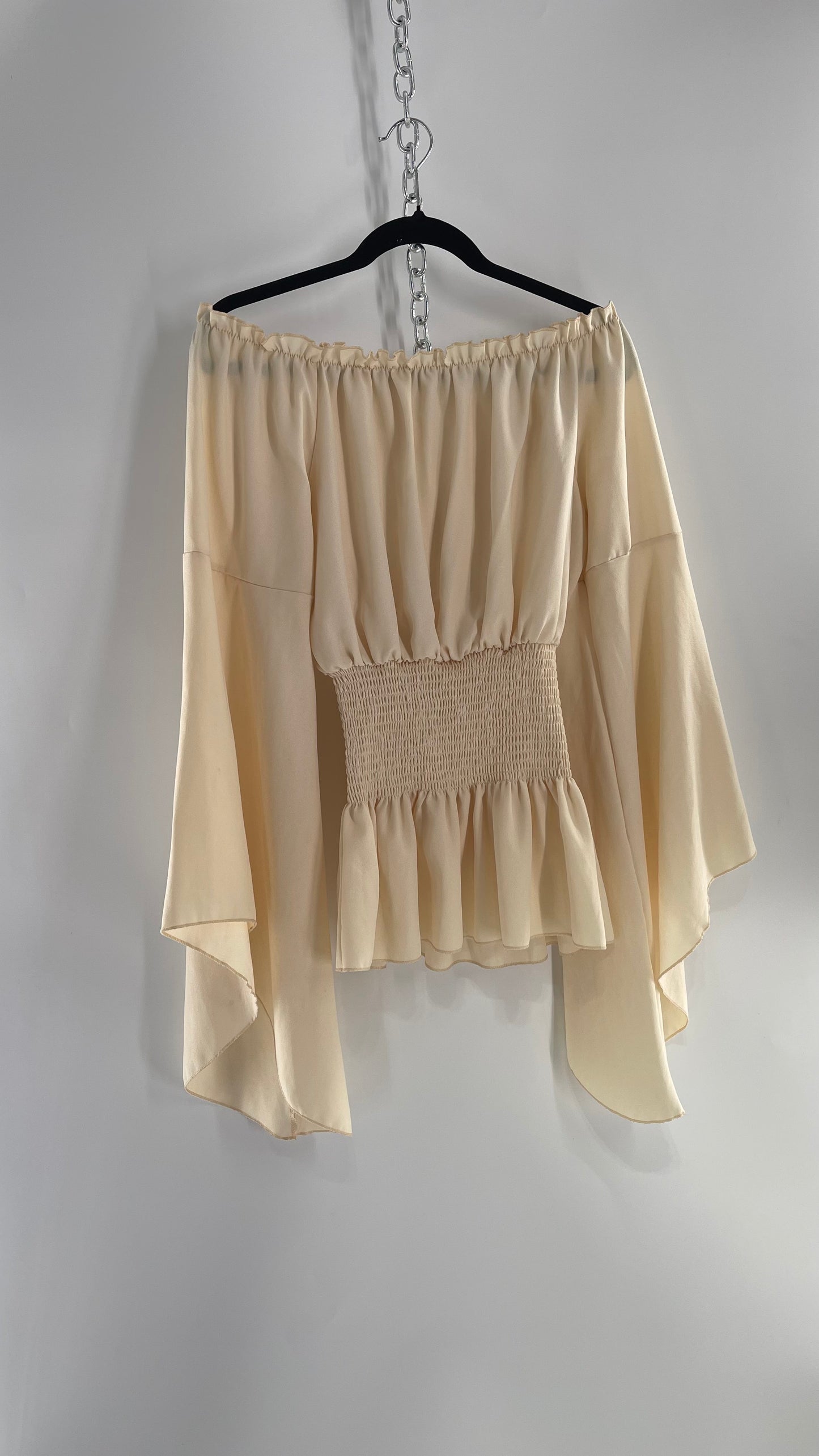 Vintage Off White Smocked Waist Bell Sleeve Wanderlust Blouse(S/M)