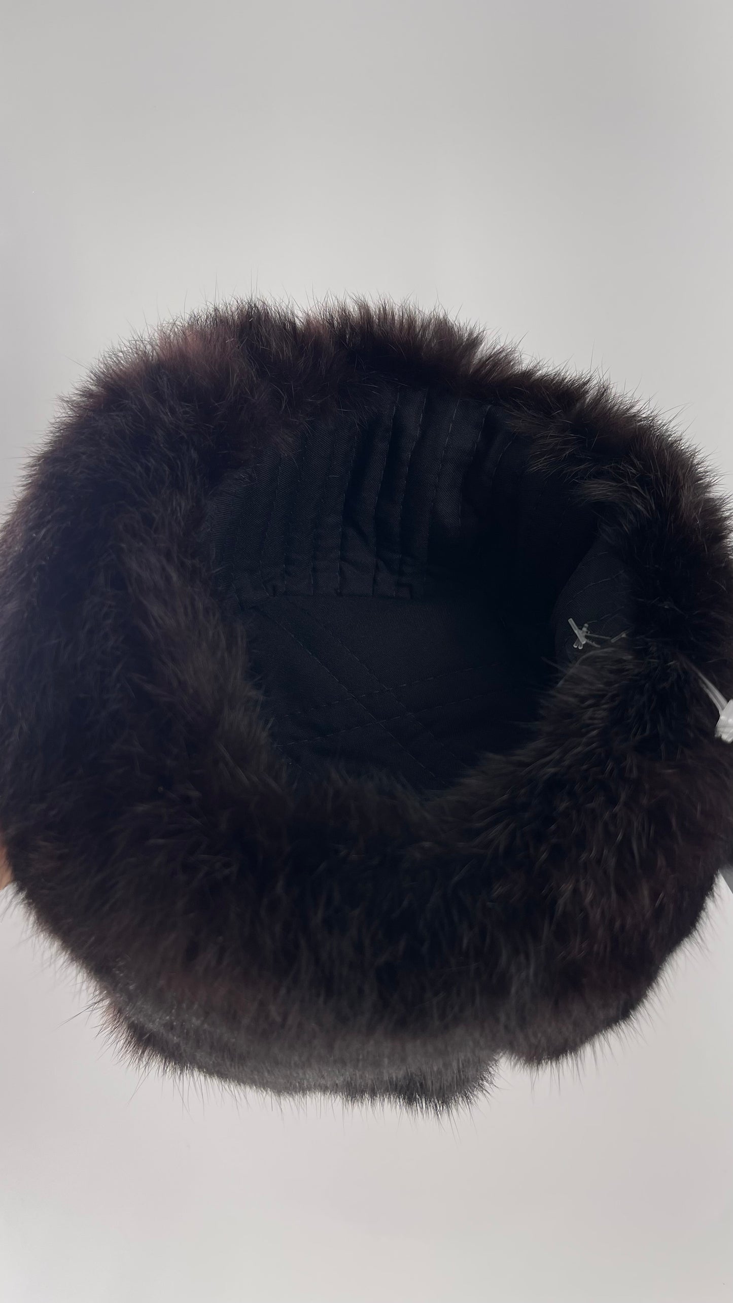 Vintage Russian Black Genuine Rabbit Fur Roller Hat with Pull Down Ear Muff Flaps