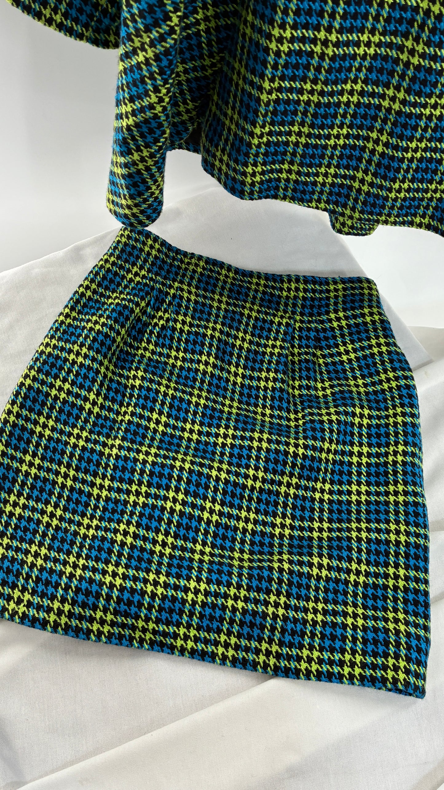 Vintage HONG KONG Wool Blend Neon Green and Blue Plaid Jacket and Micro Mini Set (Small)