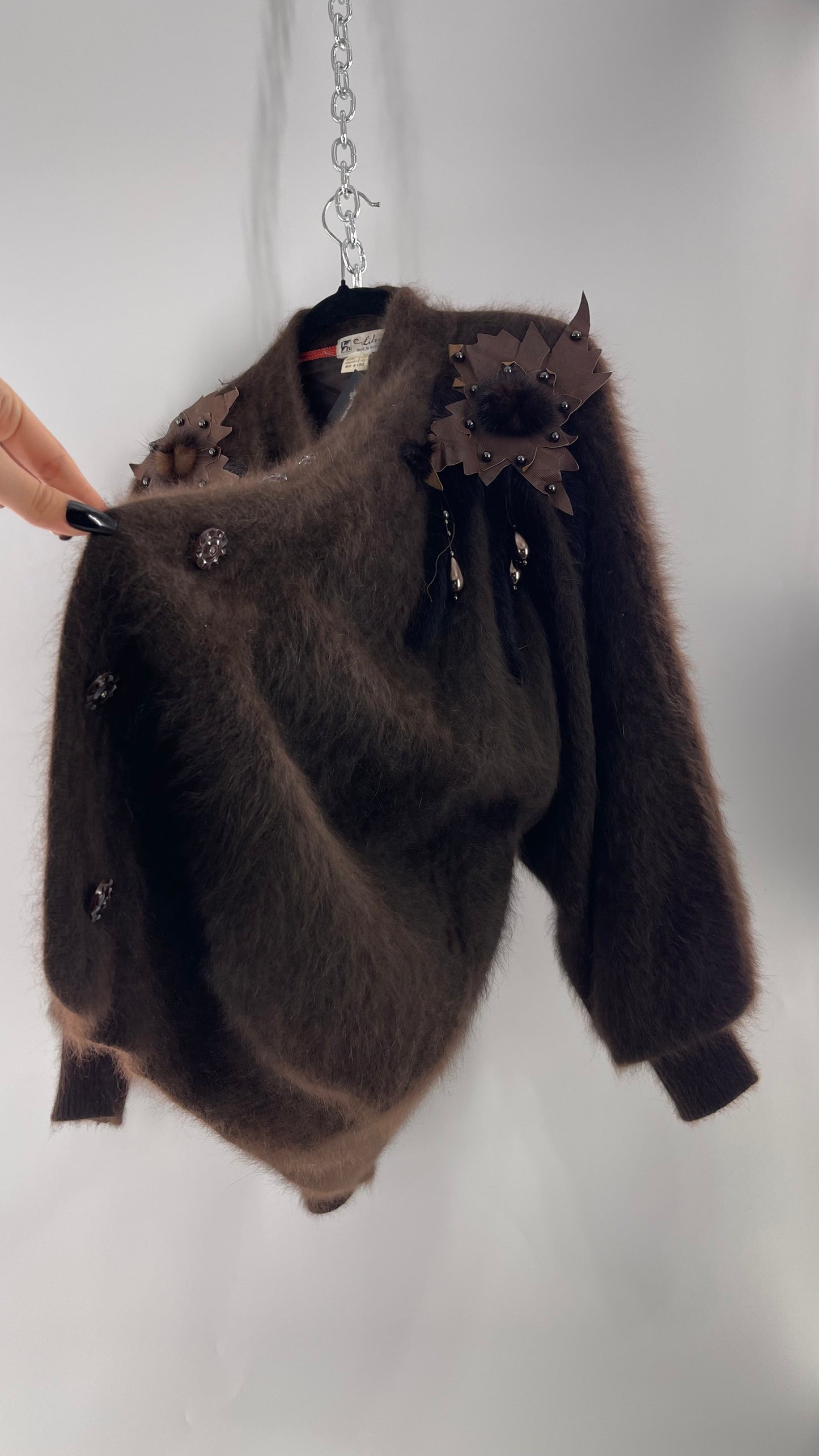 Liho Korean Vintage Brown Cardigan with Leather, Fur and Beaded Detailing 15% Wool 75% Angora  (C)(Medium)