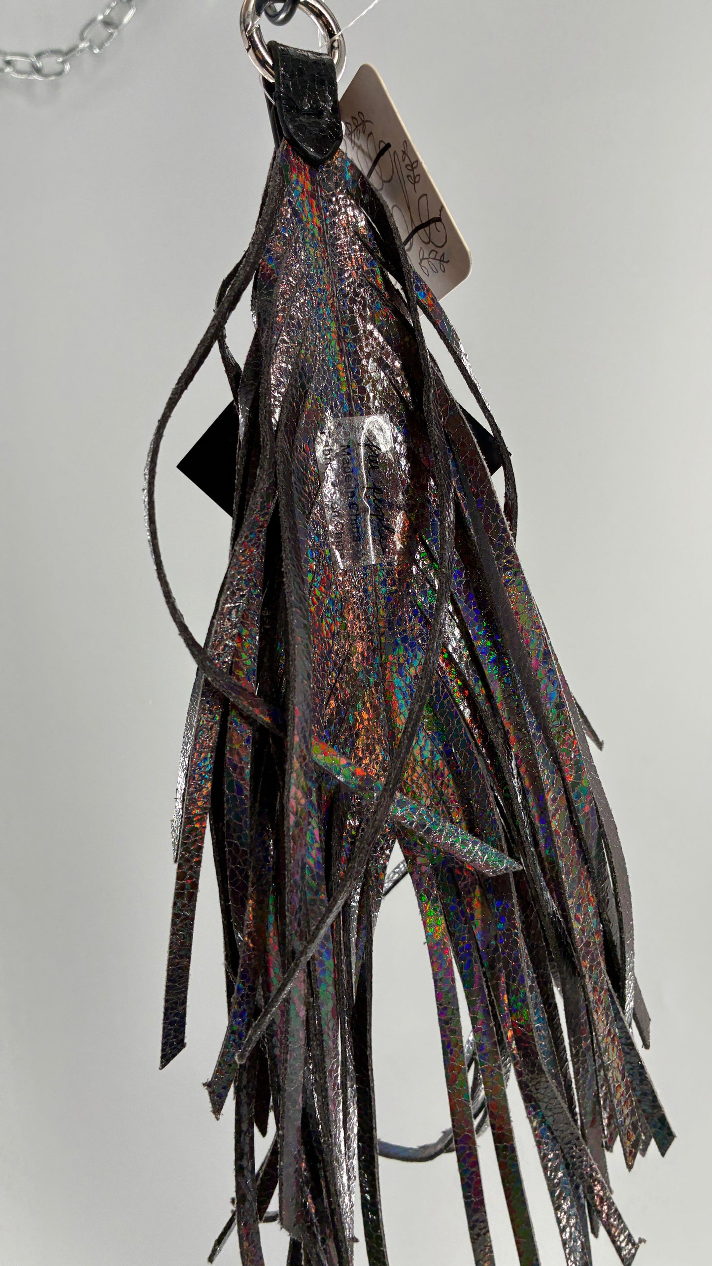 Free People Iridescent Silver Leather Feather Keychain Ring with Tags Attached