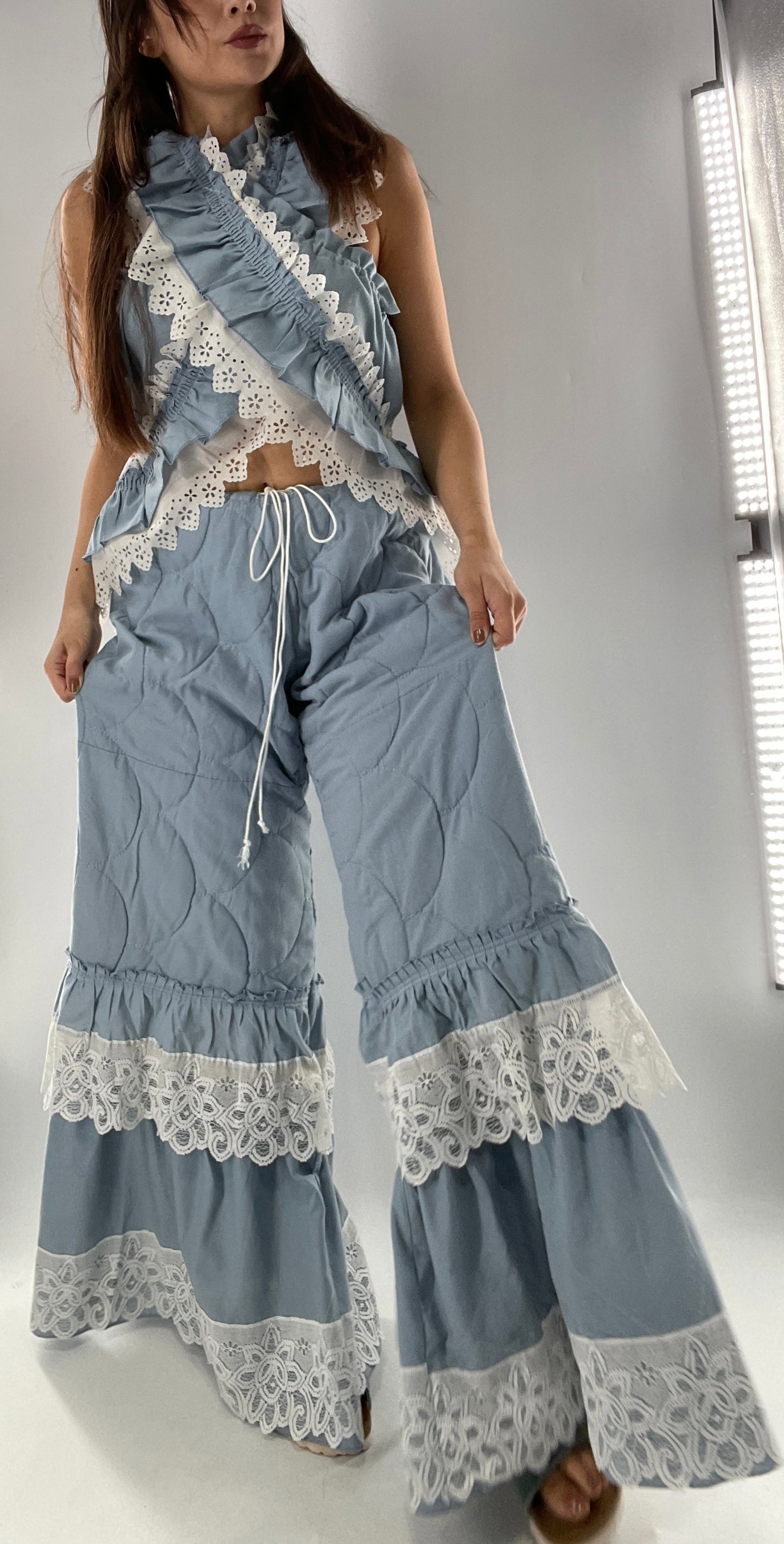 Vintage 2 Piece Powder Blue Set Featuring 2Way Blouse and Quilted Trousers Covered in Ruffles, Lace and Trim (One Size)